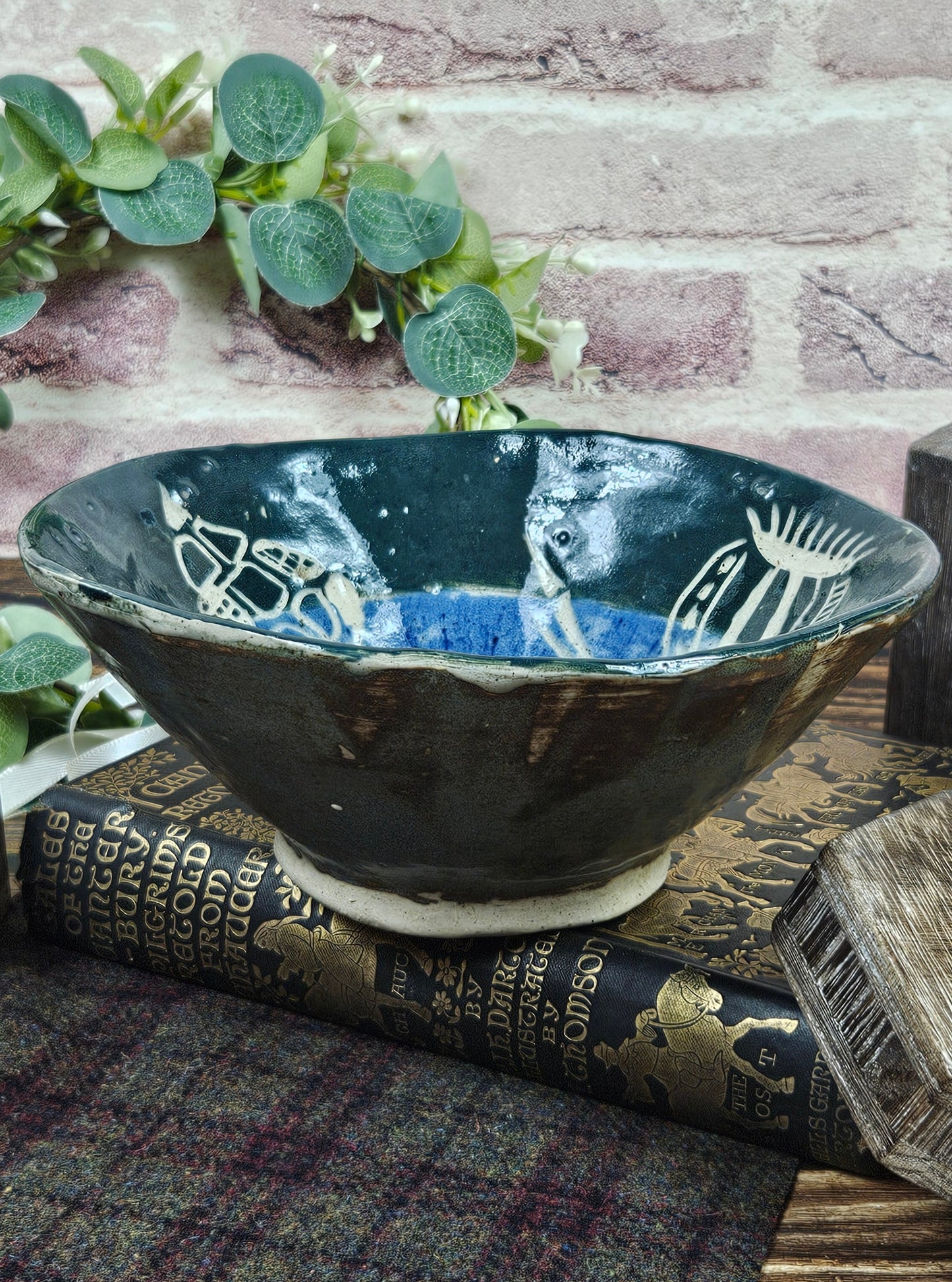 Vintage Studio Pottery Heavy Bowl with marine ornament
