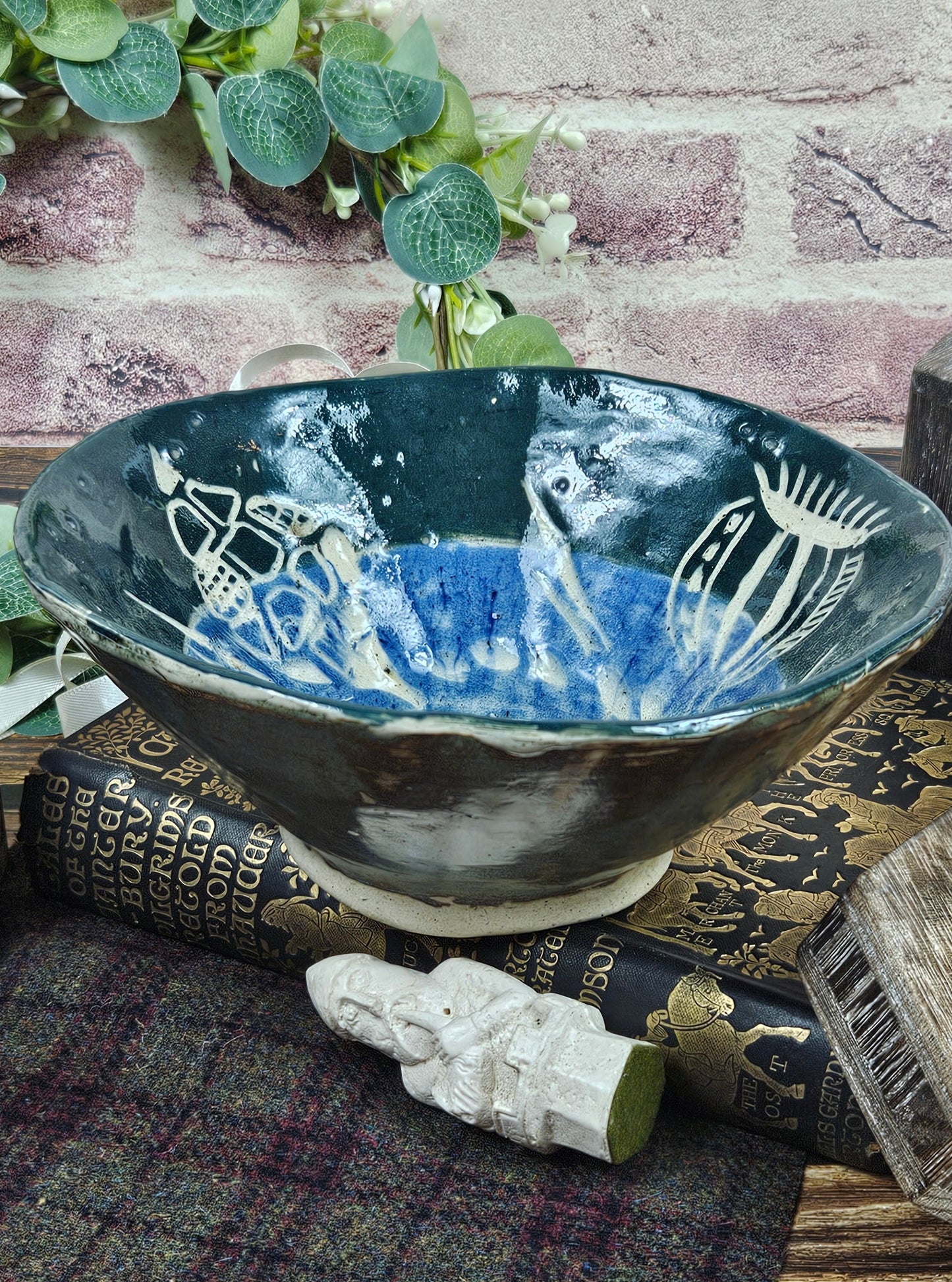 Vintage Studio Pottery Heavy Bowl with marine ornament
