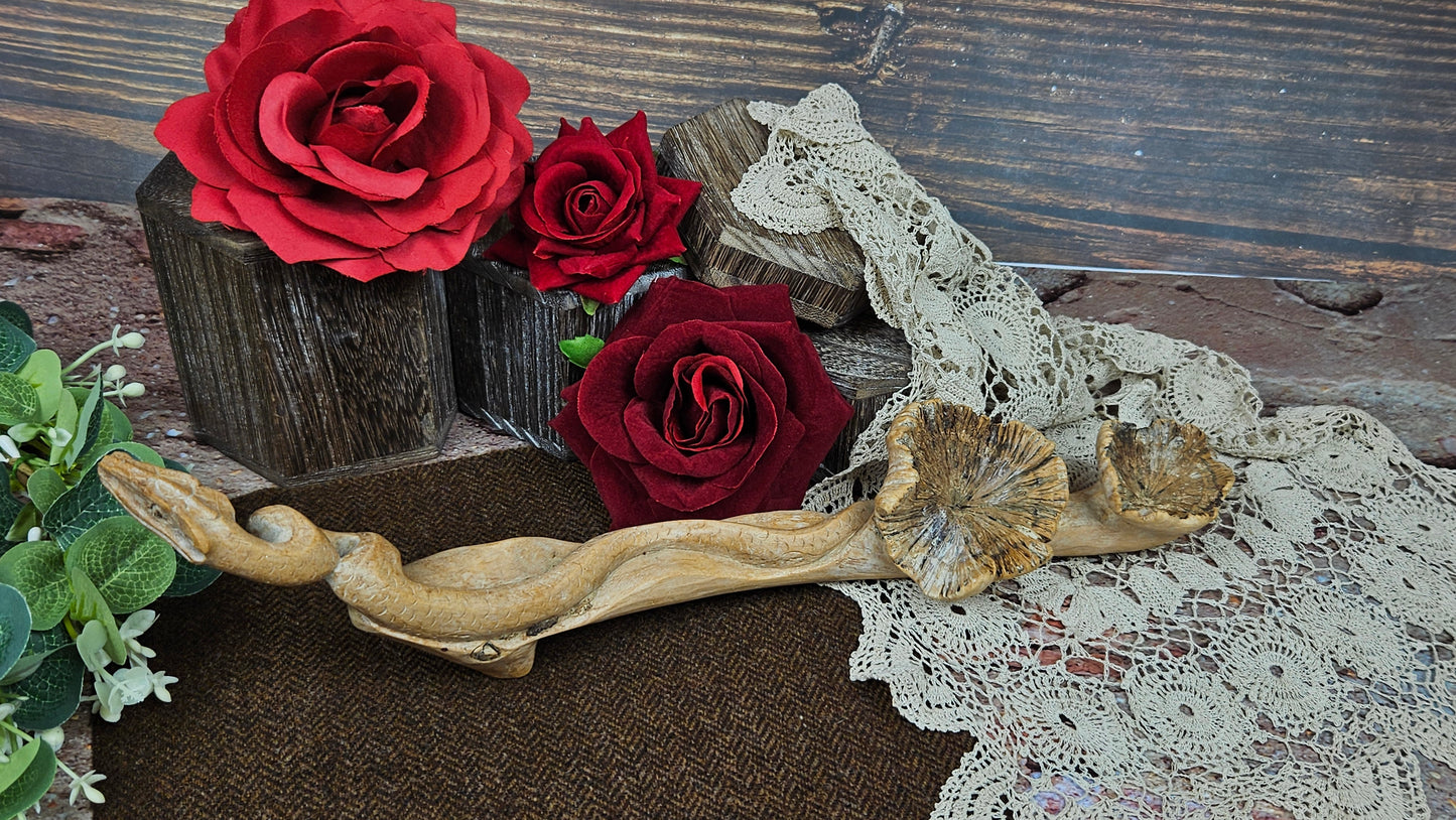 Fantastic Vintage Hand carved Wooden Snake with mushrooms on the tree branch