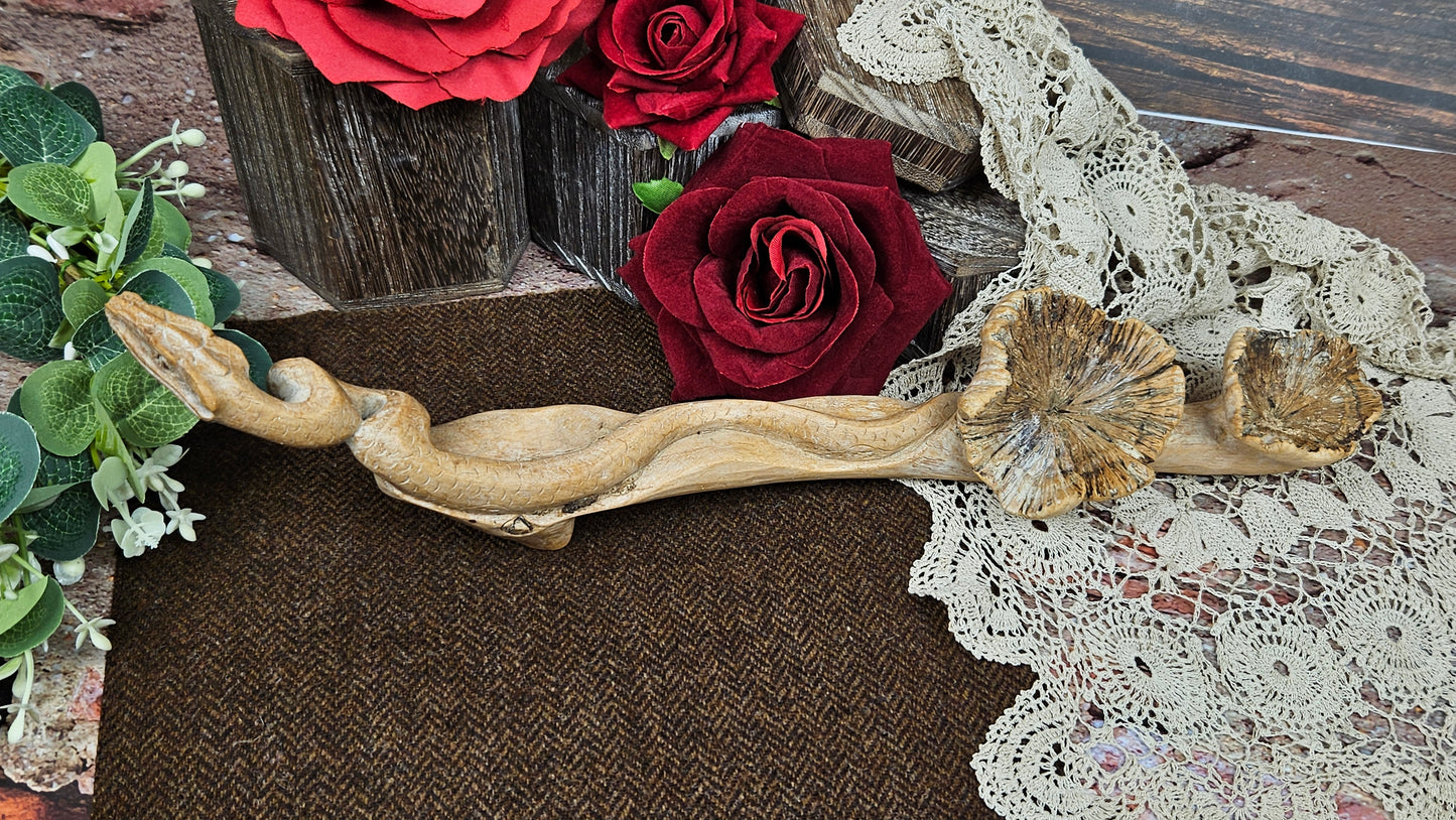 Fantastic Vintage Hand carved Wooden Snake with mushrooms on the tree branch