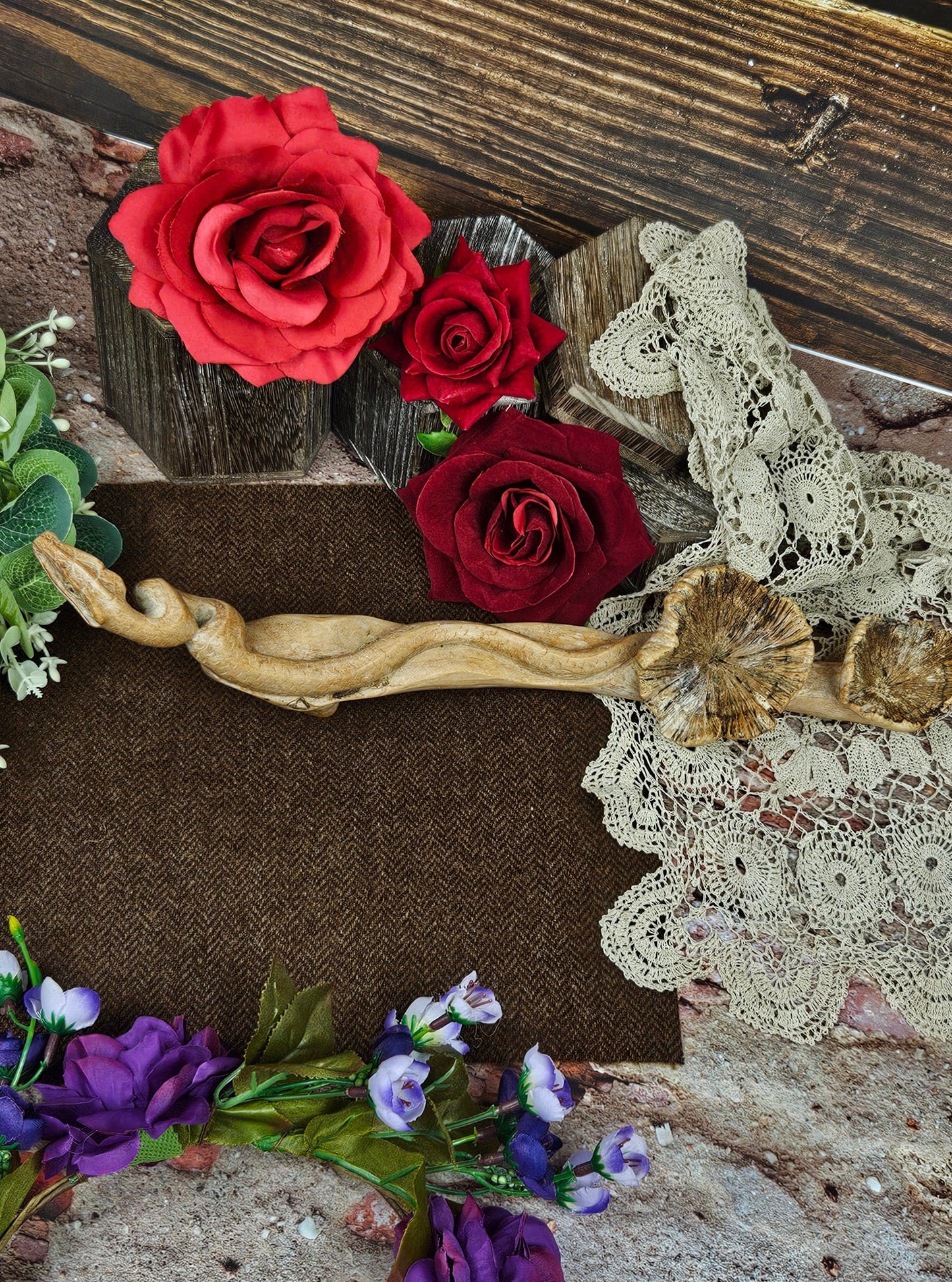 Fantastic Vintage Hand carved Wooden Snake with mushrooms on the tree branch
