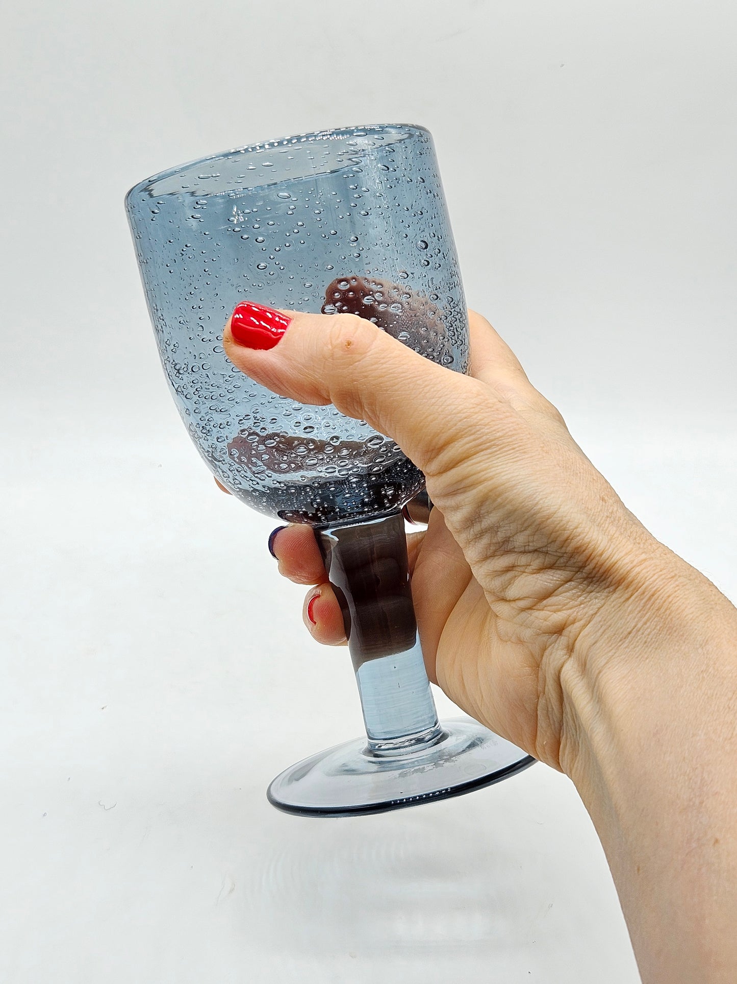 Vintage Hand Blown Large Glass Goblet, Ice Blue