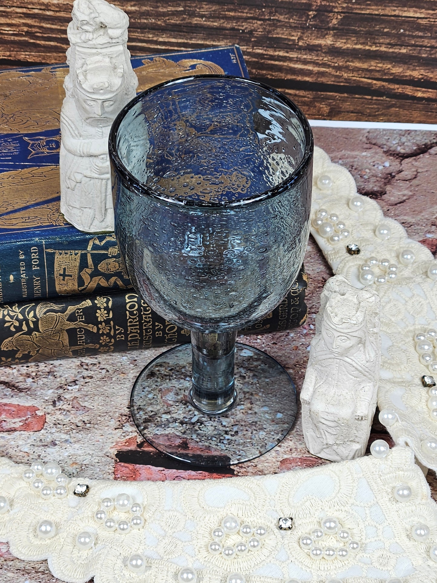 Vintage Hand Blown Large Glass Goblet, Ice Blue