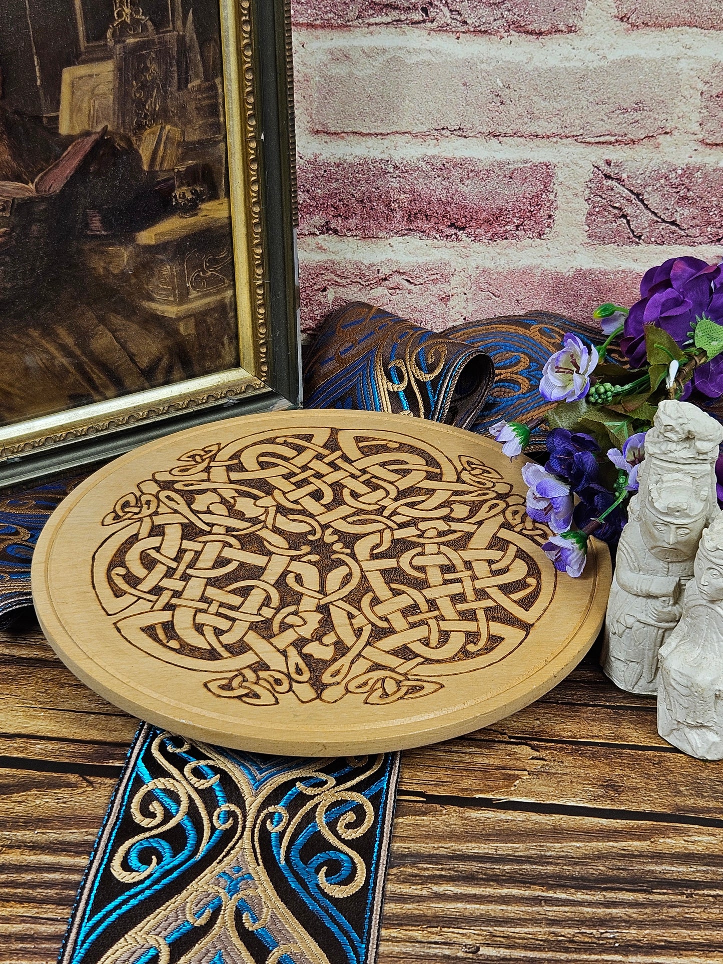 Vintage Celtic Wooden Panel or Placemat with Complicated Celtic Ornament, Handcrafted