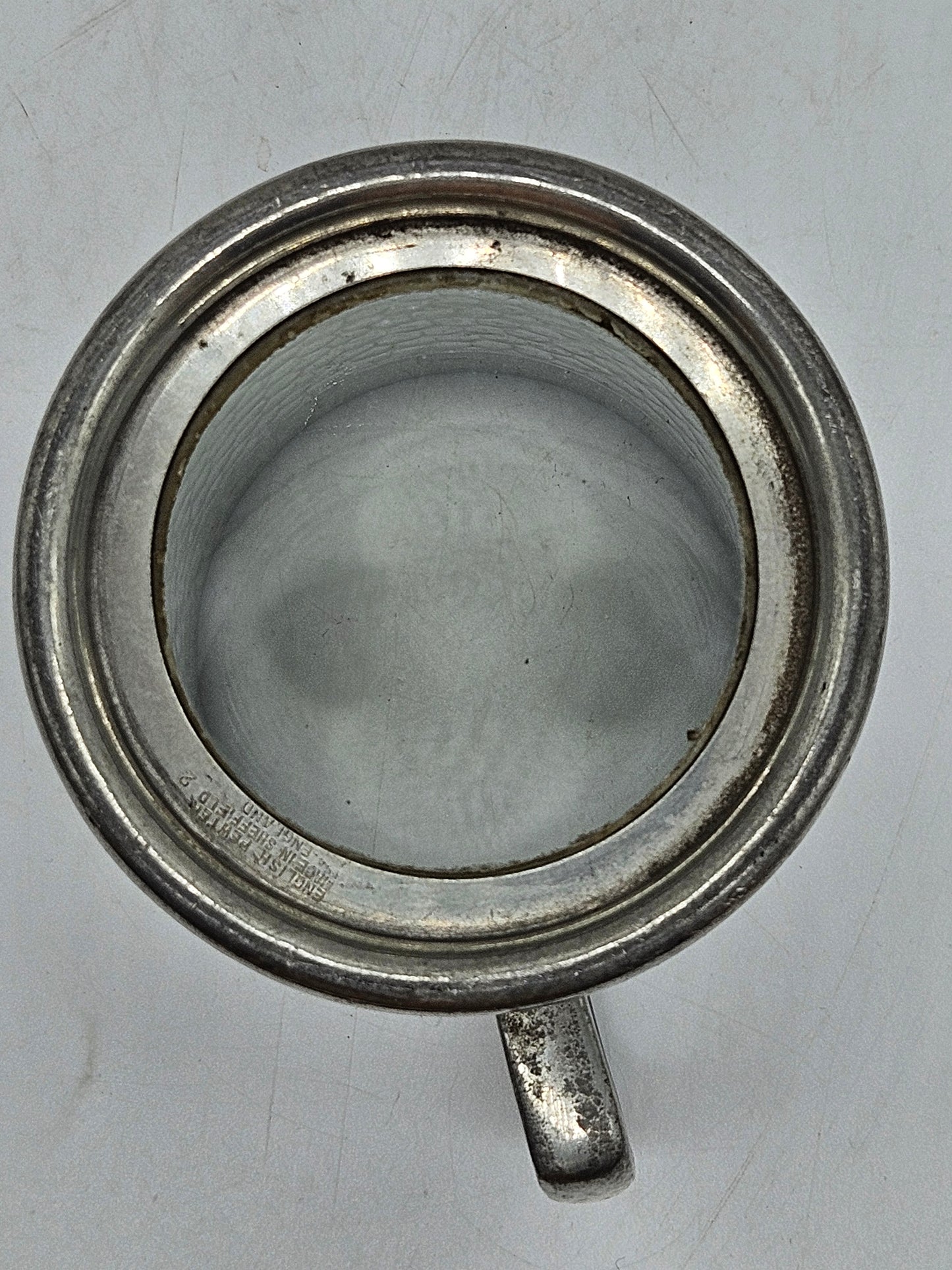 Vintage pewter tankard, clear (glass) bottom, VGC Sheffield