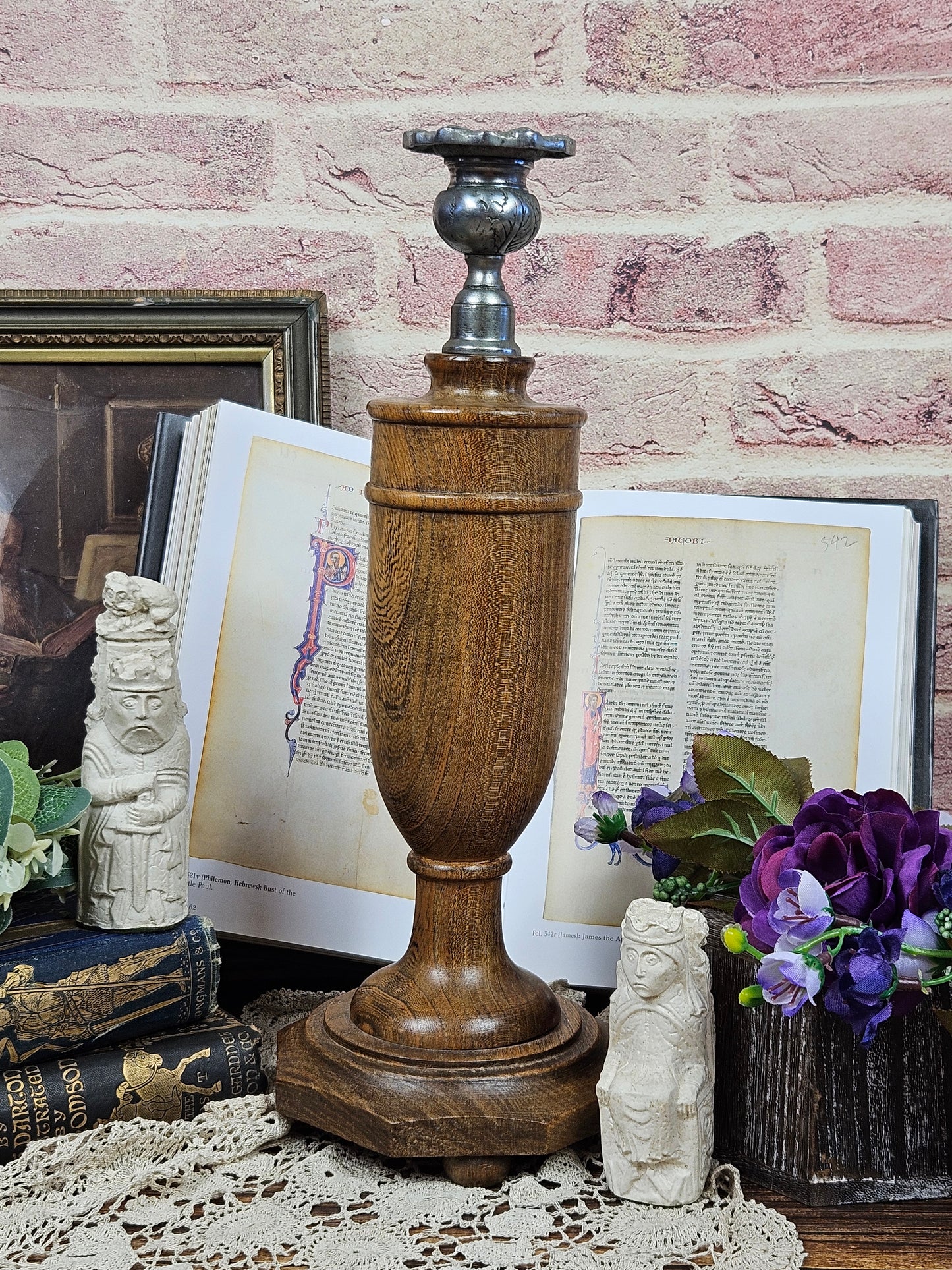 Vintage Large Hand turned Candle stick Holder 31 cm, Wood