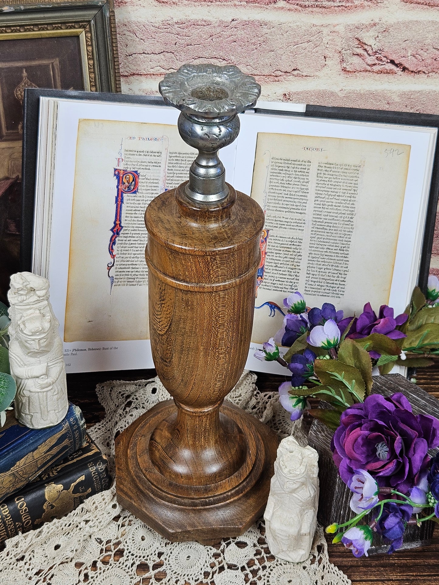 Vintage Large Hand turned Candle stick Holder 31 cm, Wood