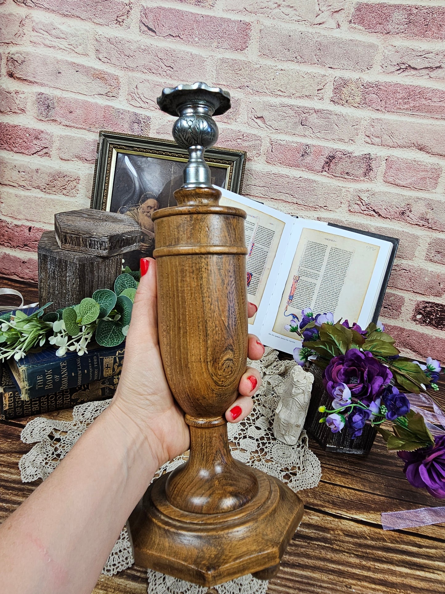 Vintage Large Hand turned Candle stick Holder 31 cm, Wood