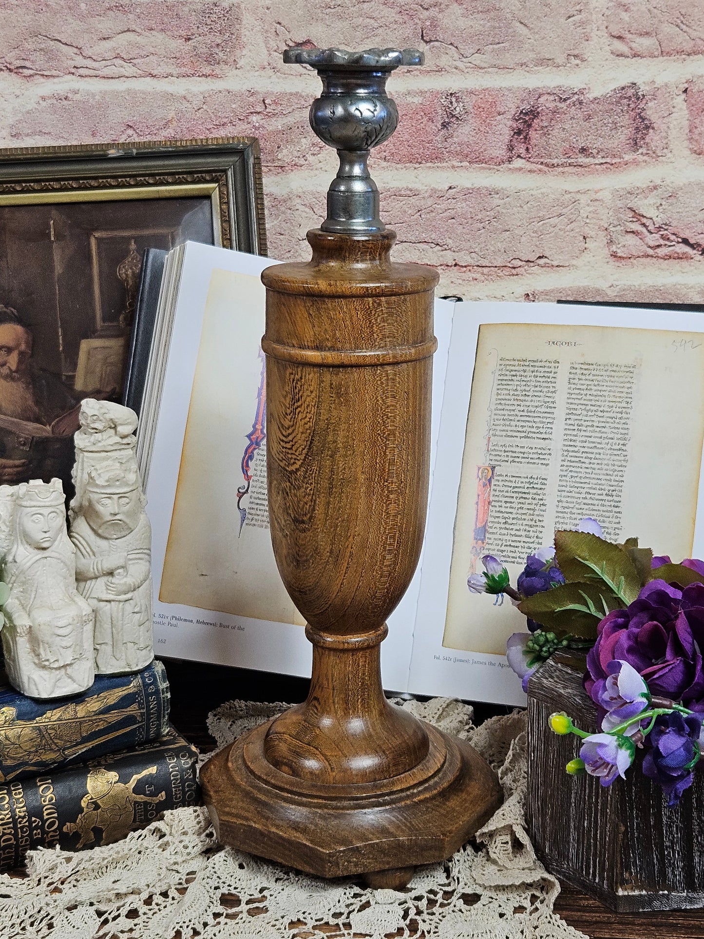 Vintage Large Hand turned Candle stick Holder 31 cm, Wood