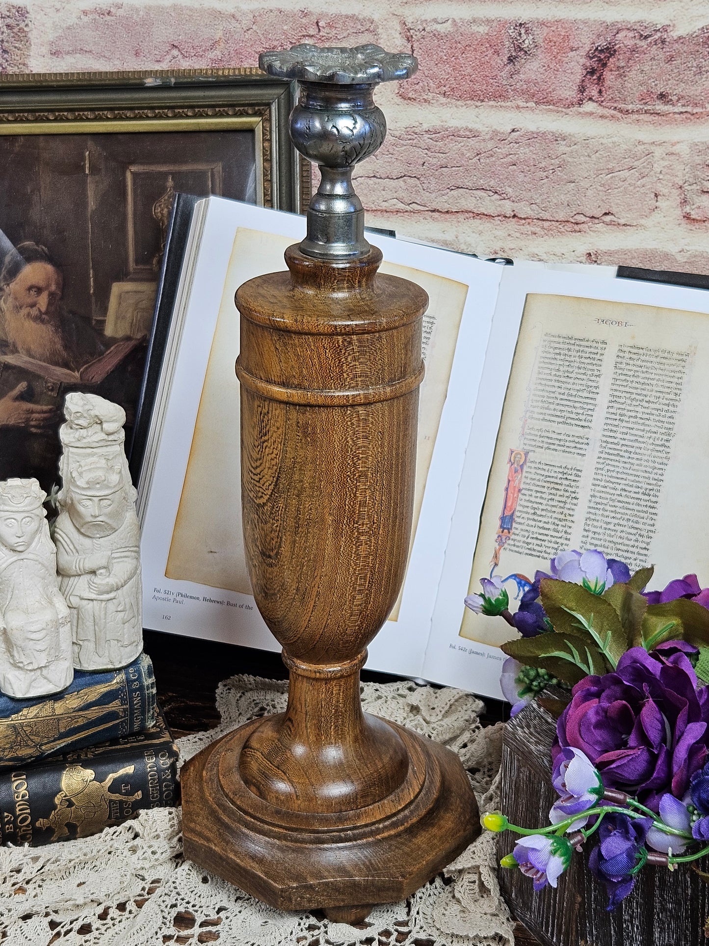 Vintage Large Hand turned Candle stick Holder 31 cm, Wood