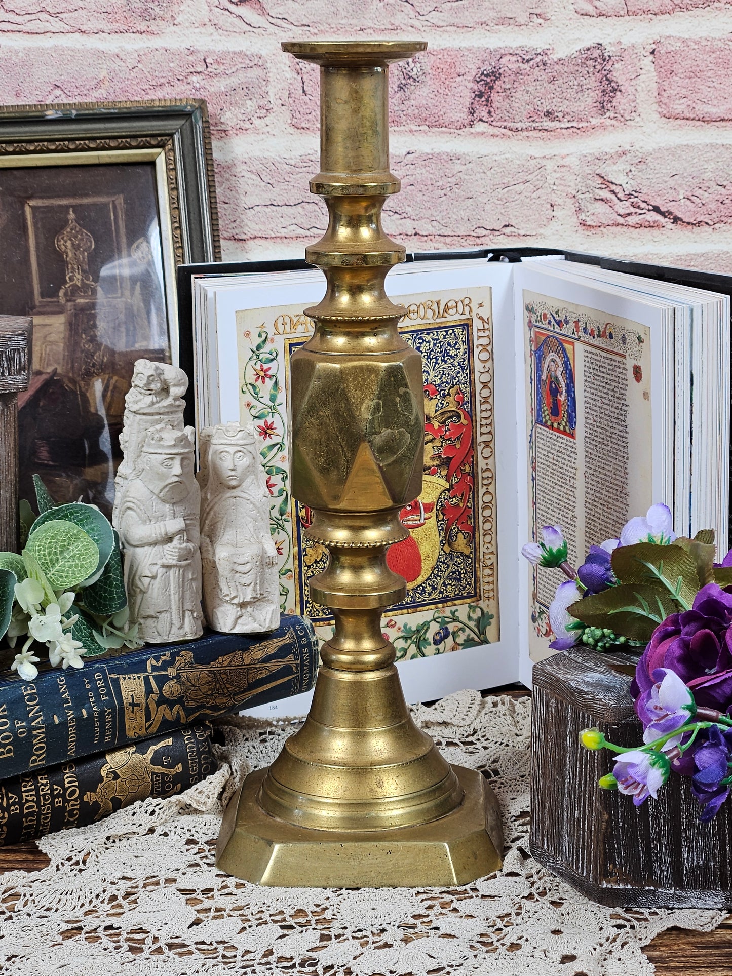 Vintage Large Brass Candle stick Holder, Diamond cut