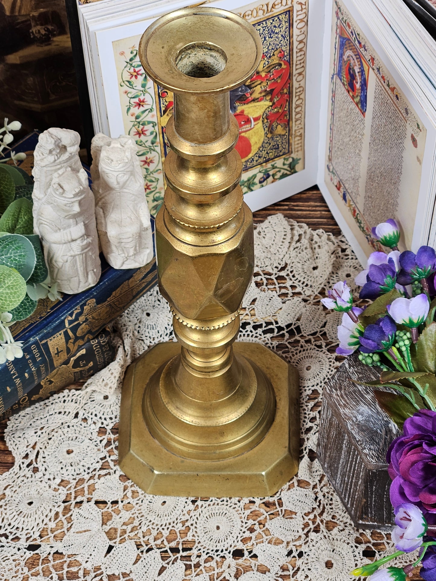 Vintage Large Brass Candle stick Holder, Diamond cut