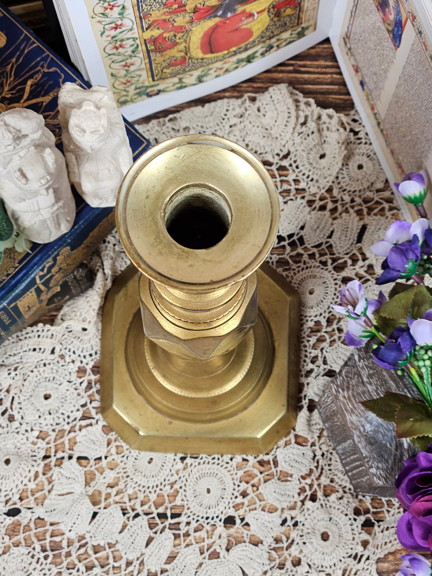 Vintage Large Brass Candle stick Holder, Diamond cut