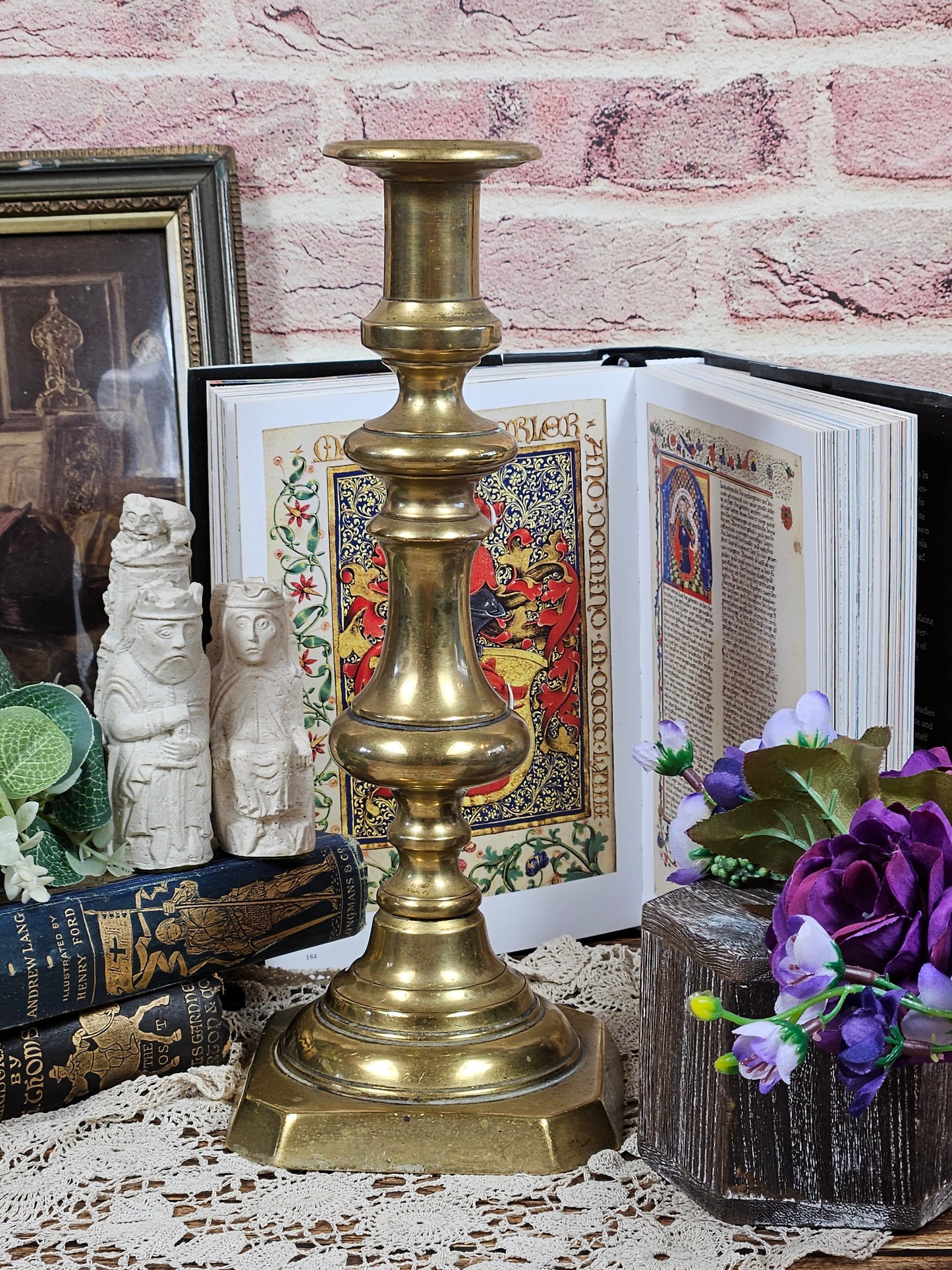 Vintage Large Brass Candle stick Holder, Chapel style