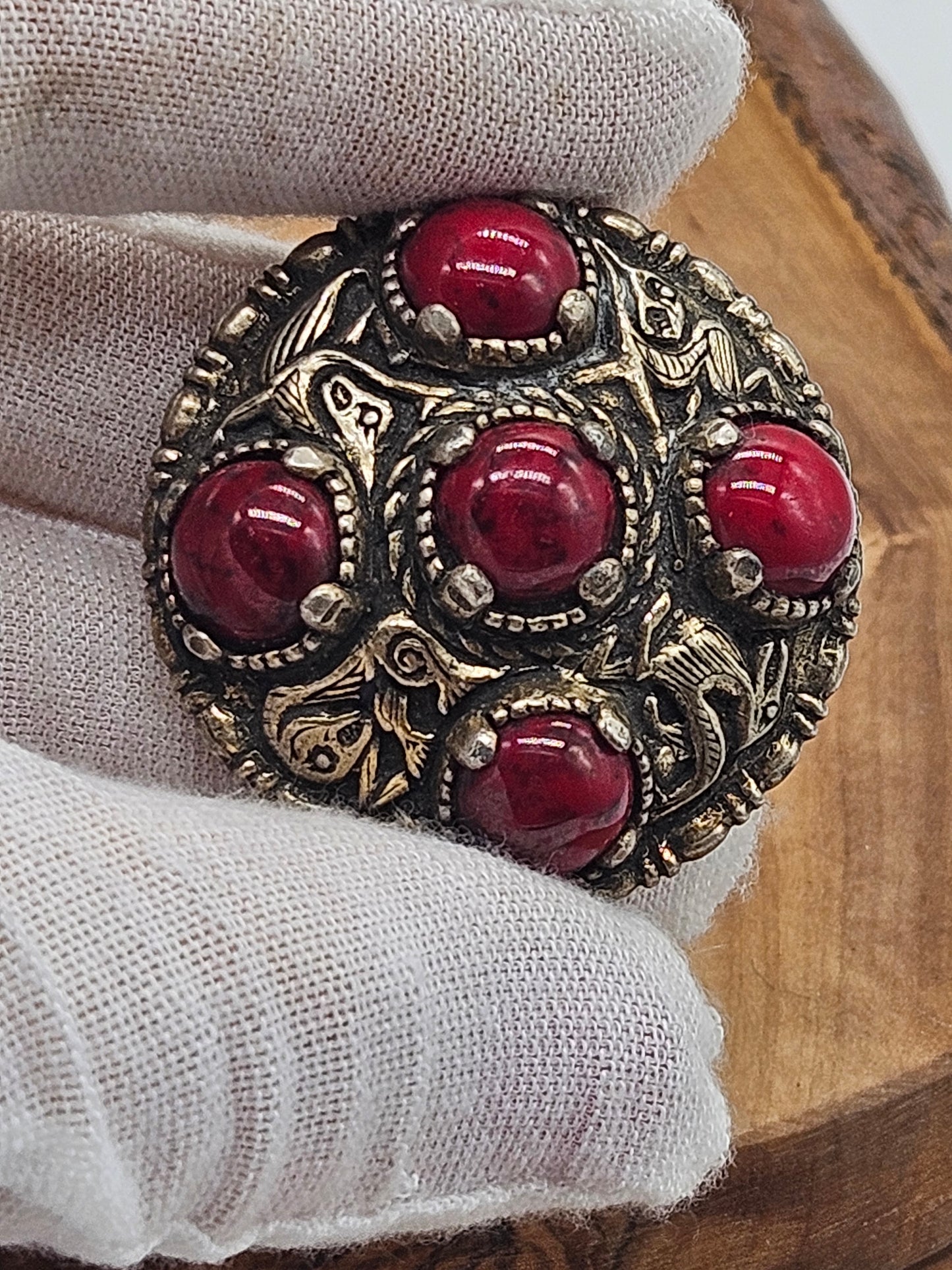 Vintage Large Scottish Brooch with red gemstones, Miracle, Viking, VGC, L1092