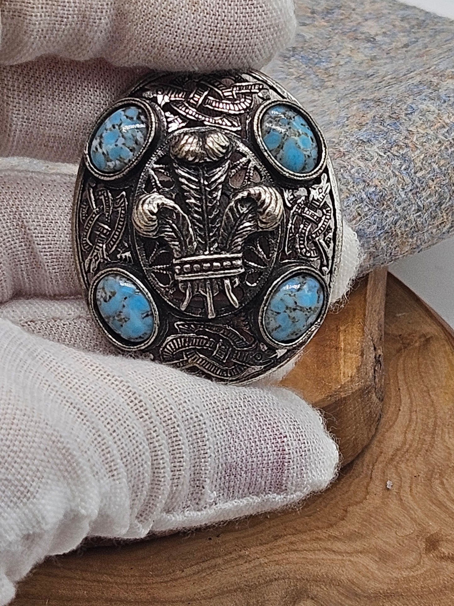 Vintage Scottish Brooch with ornament, Royal Feathers and turquoise, VGC