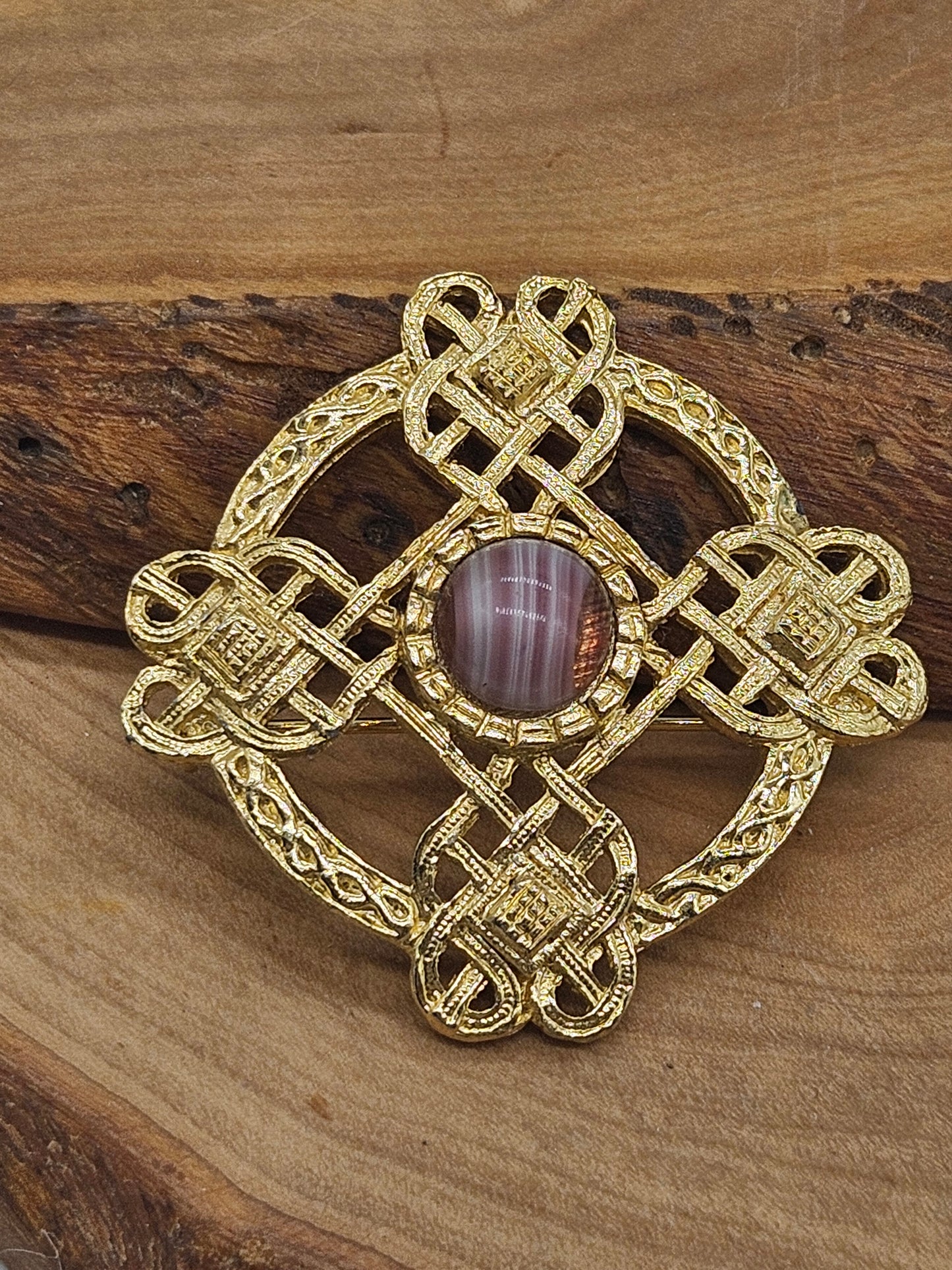 Antique Medieval-style Round Brooch Golden Cross with Stone inserts