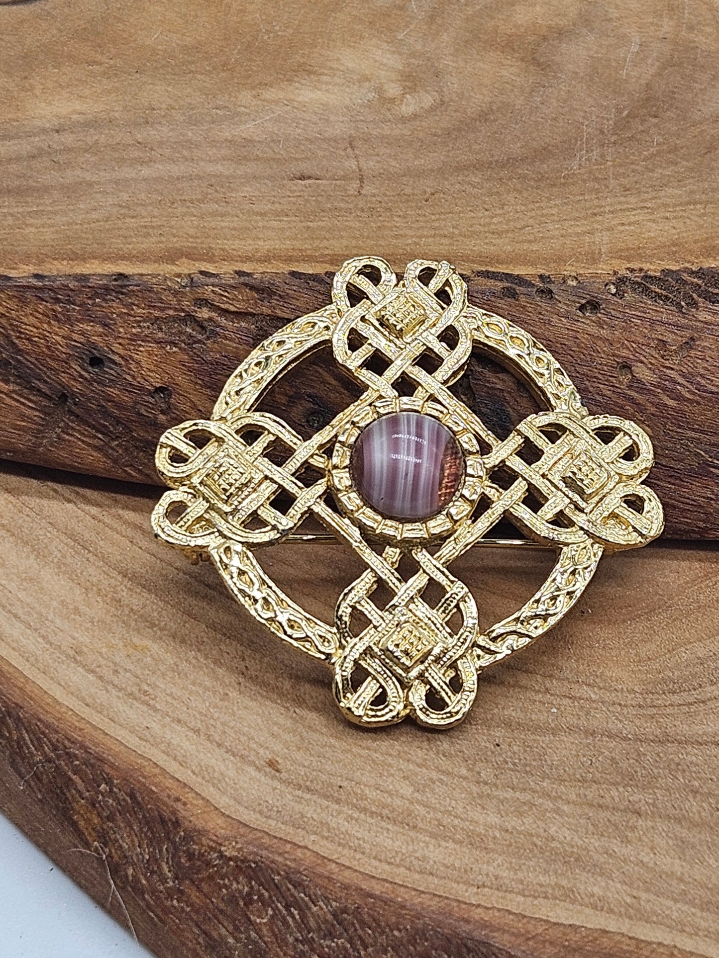 Antique Medieval-style Round Brooch Golden Cross with Stone inserts
