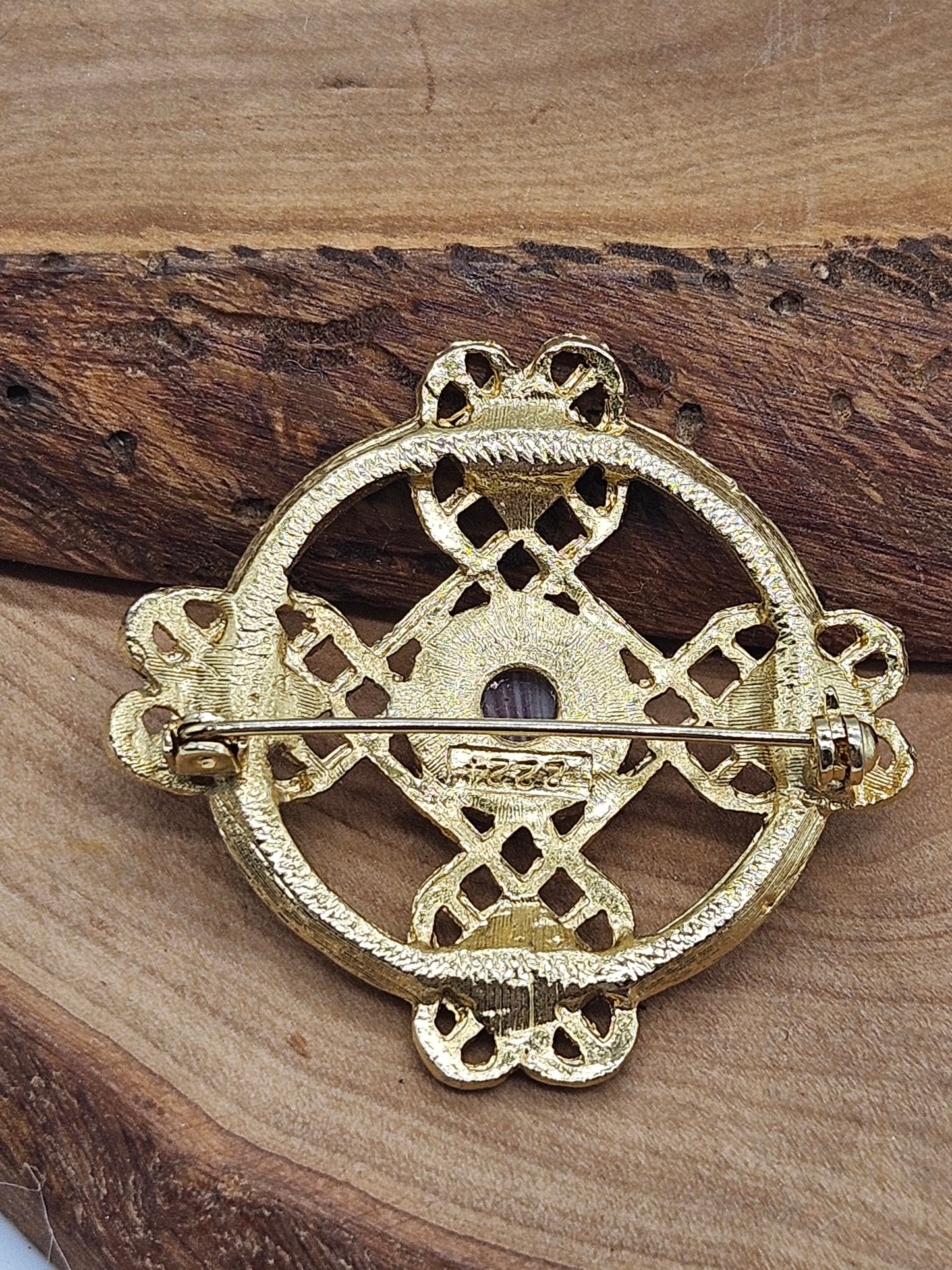 Antique Medieval-style Round Brooch Golden Cross with Stone inserts