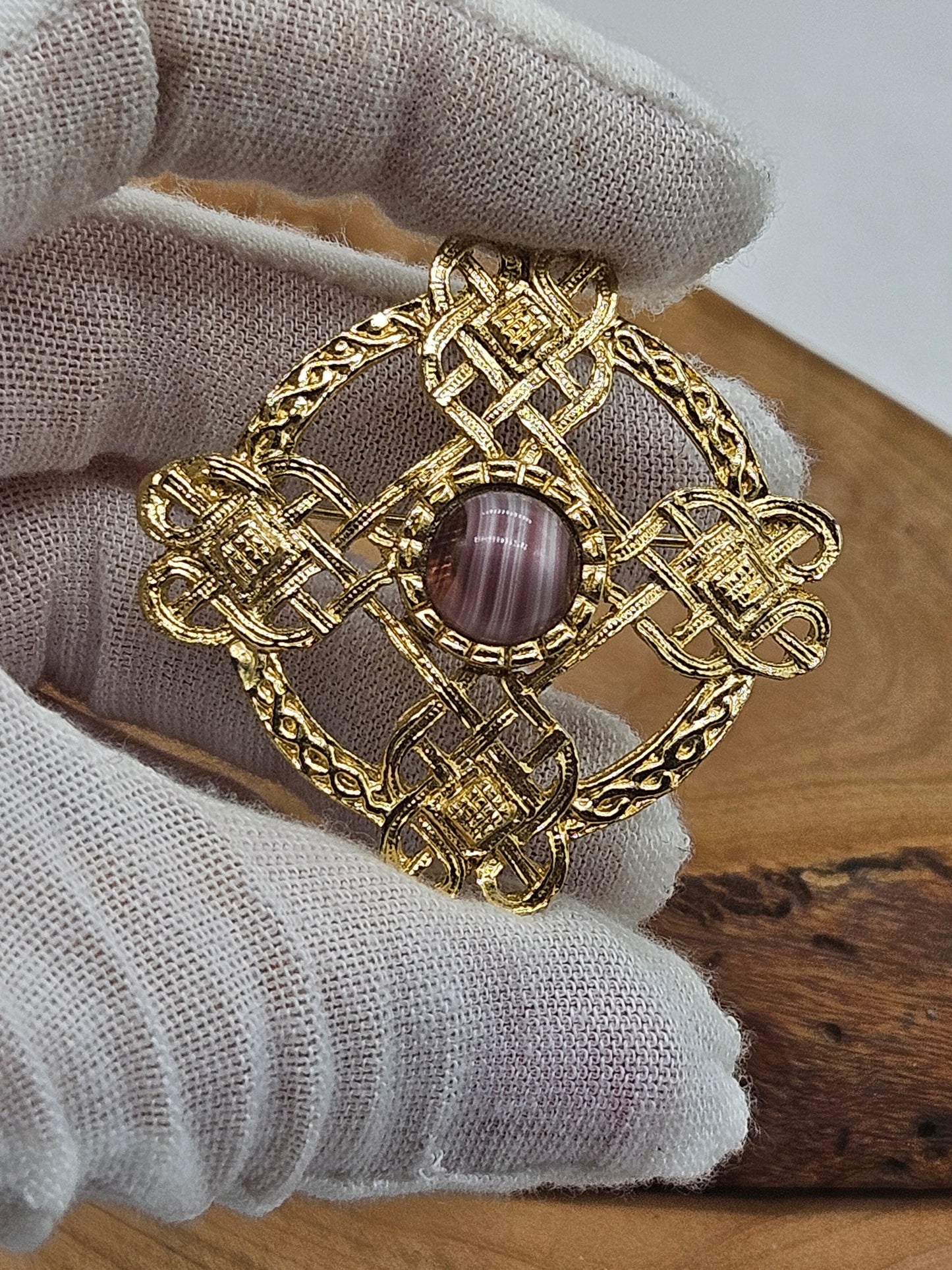 Antique Medieval-style Round Brooch Golden Cross with Stone inserts