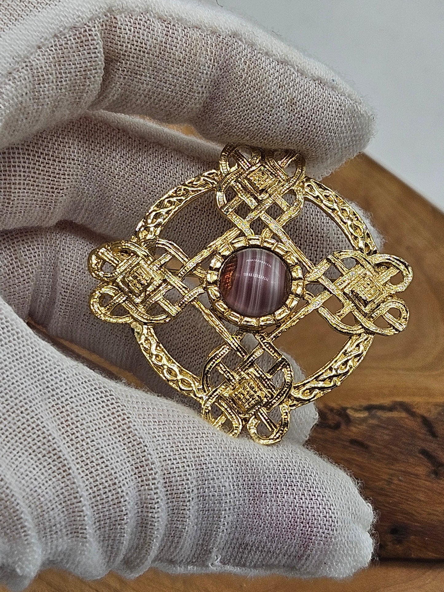 Antique Medieval-style Round Brooch Golden Cross with Stone inserts