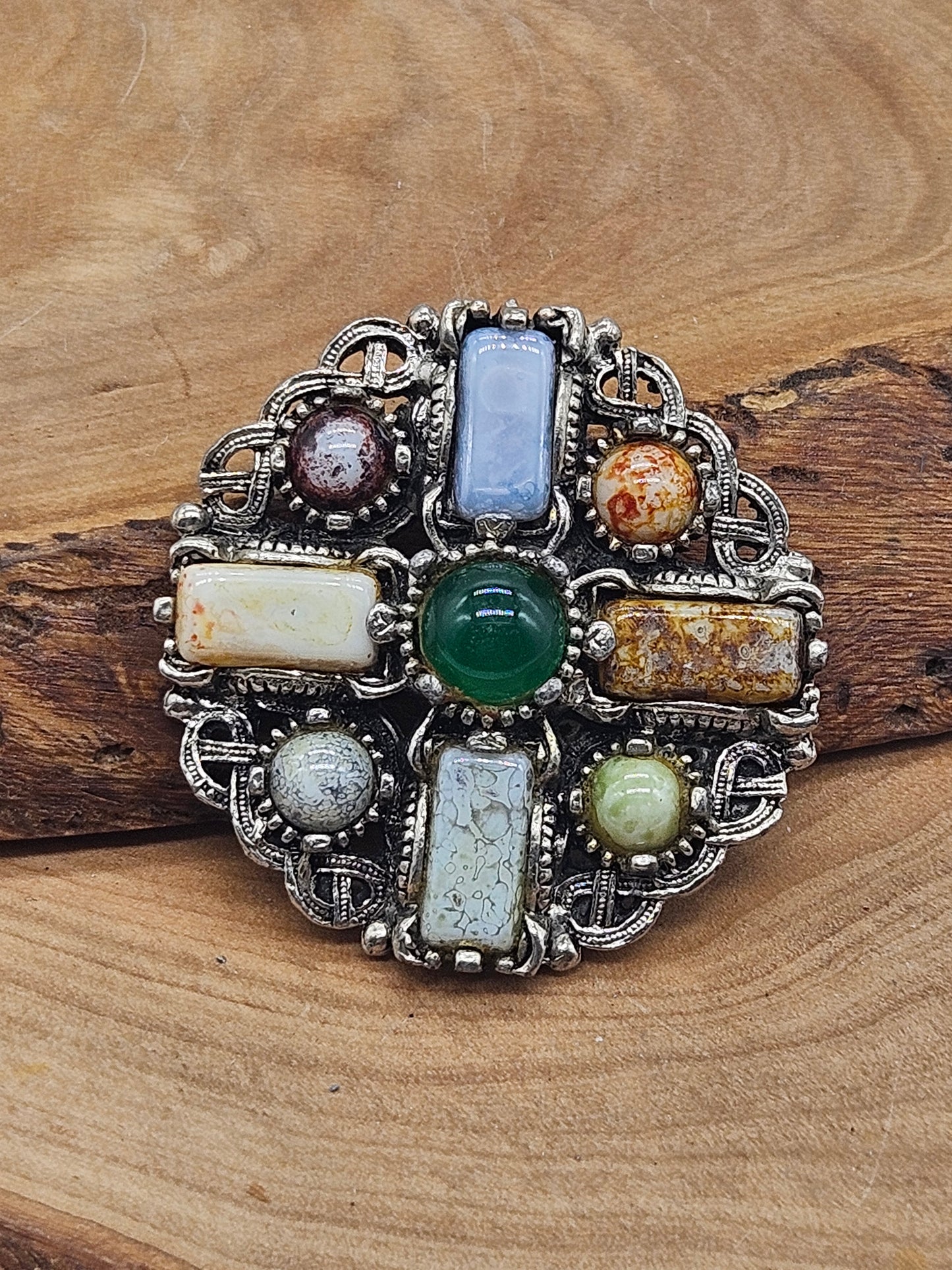 Antique Rare Medieval-style Round Brooch with Stones