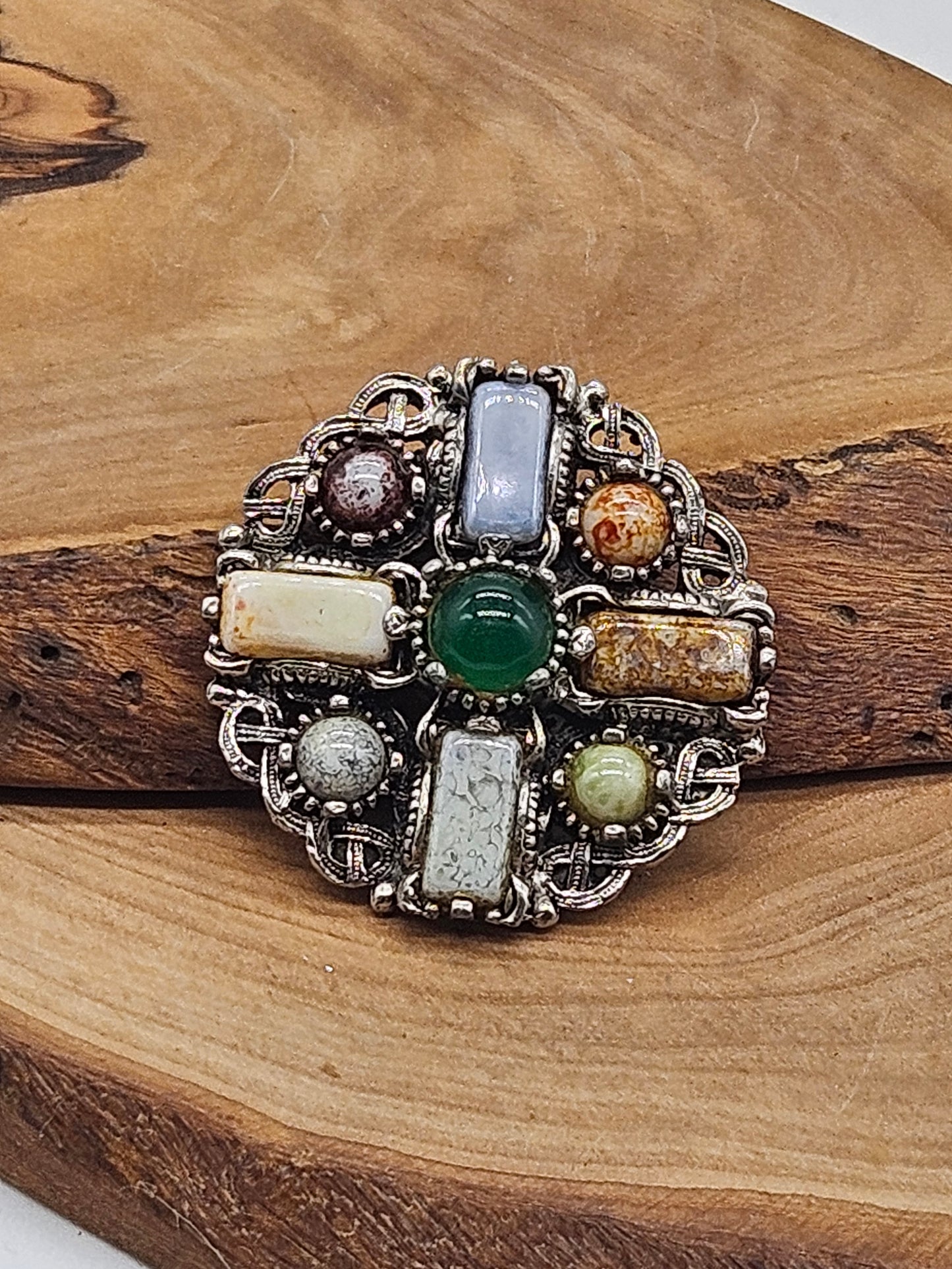Antique Rare Medieval-style Round Brooch with Stones