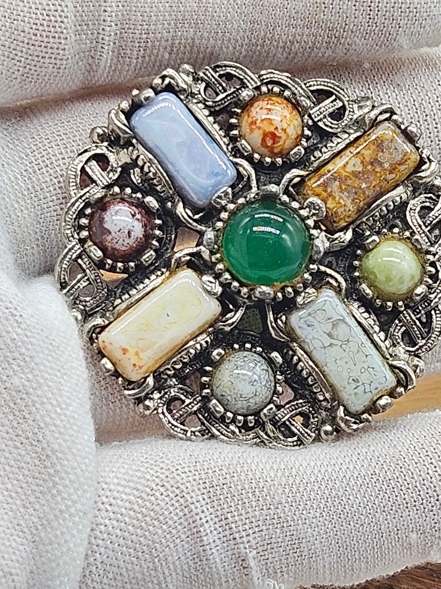 Antique Rare Medieval-style Round Brooch with Stones