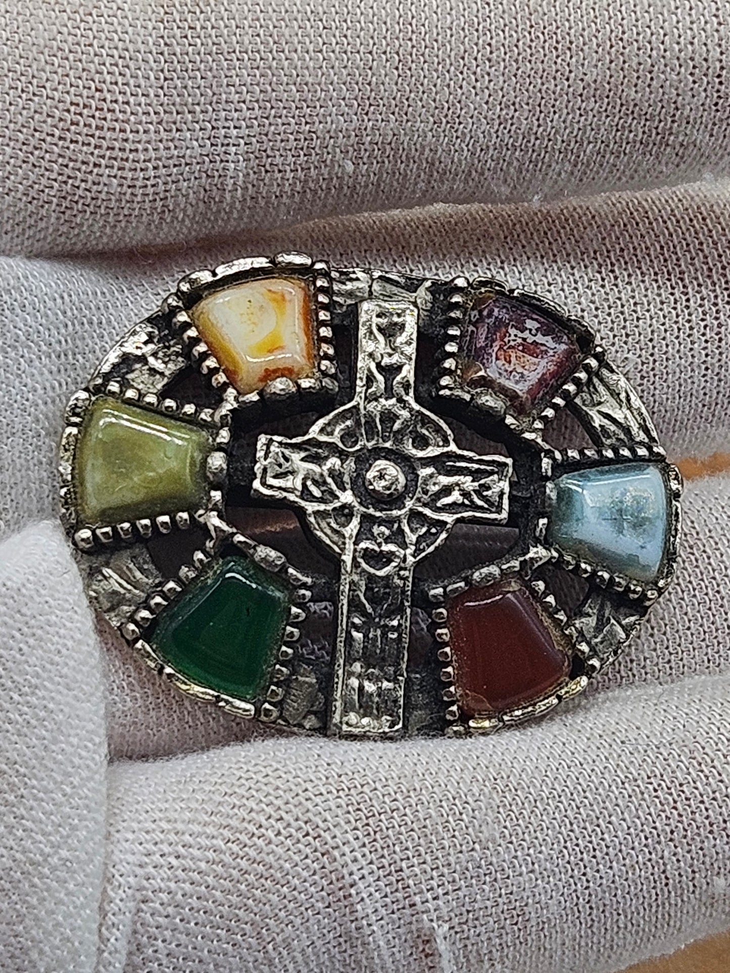 Antique Medieval-style Oval Brooch The Cross with Stone inserts