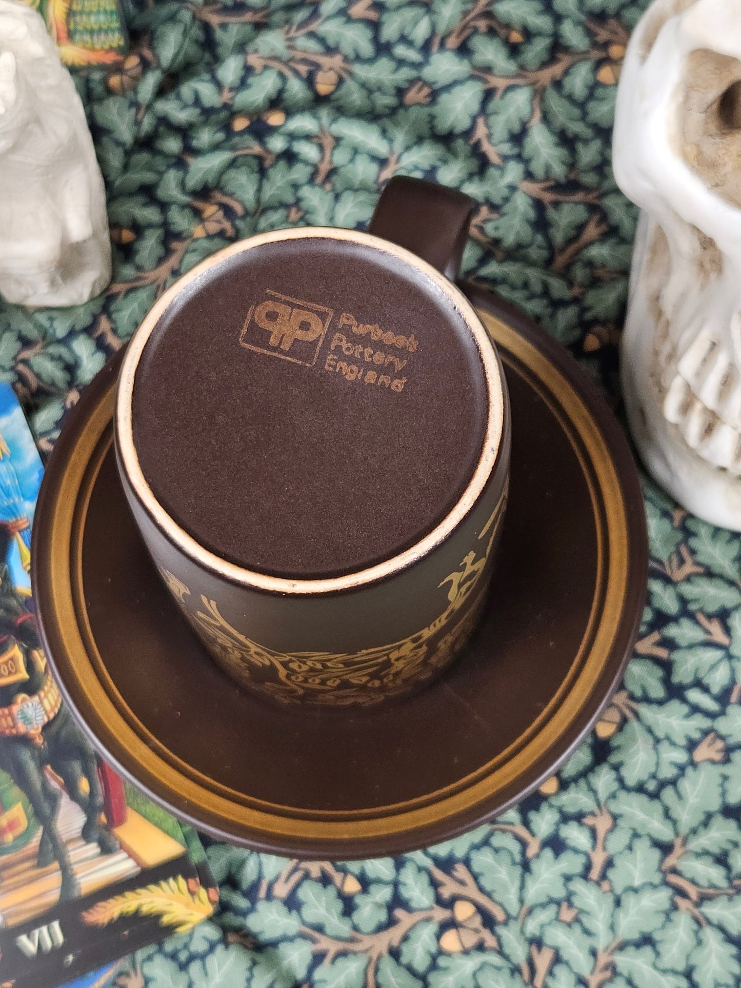 Vintage Purbeck Pottery Tea pair - medieval pattern mug and saucer, N316
