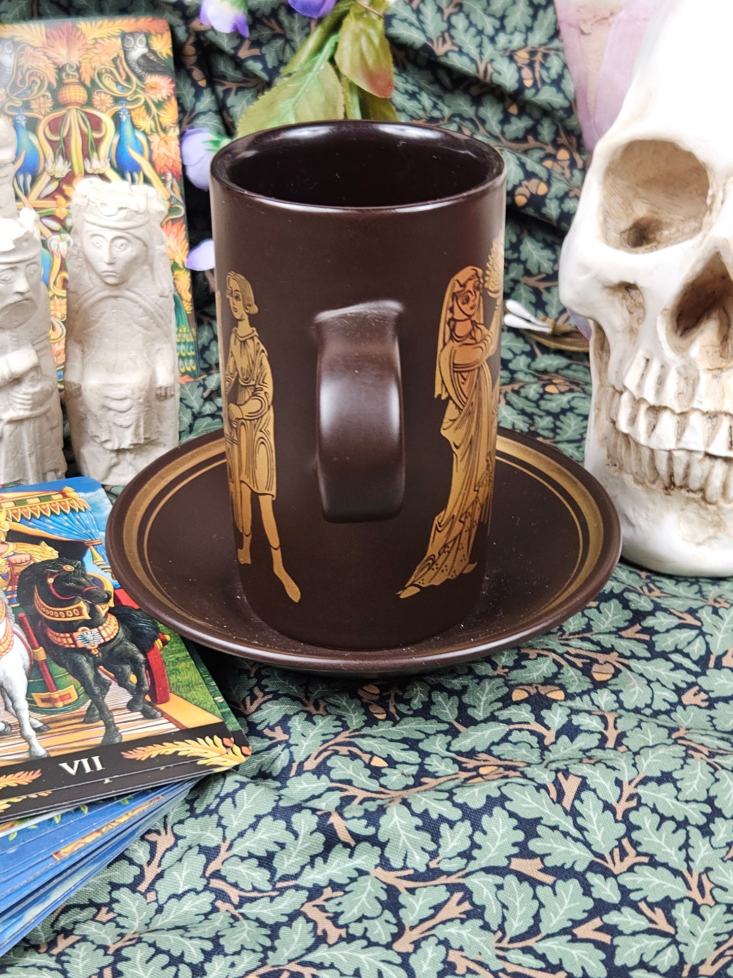 Vintage Purbeck Pottery Tea pair - medieval pattern mug and saucer, N316-1