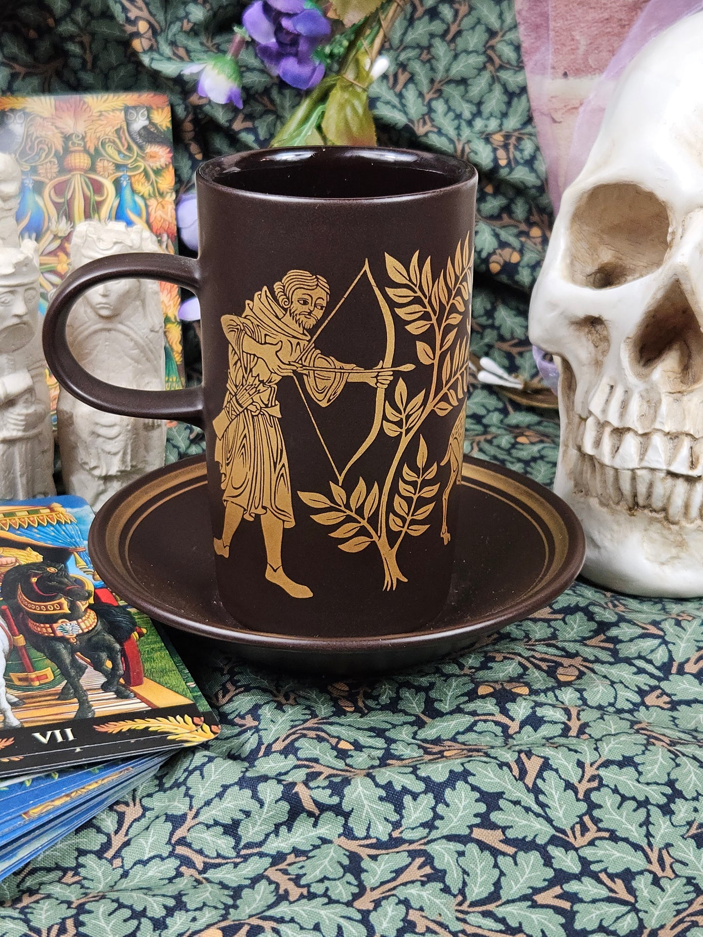 Vintage Purbeck Pottery Tea pair - medieval pattern mug and saucer, N316-2
