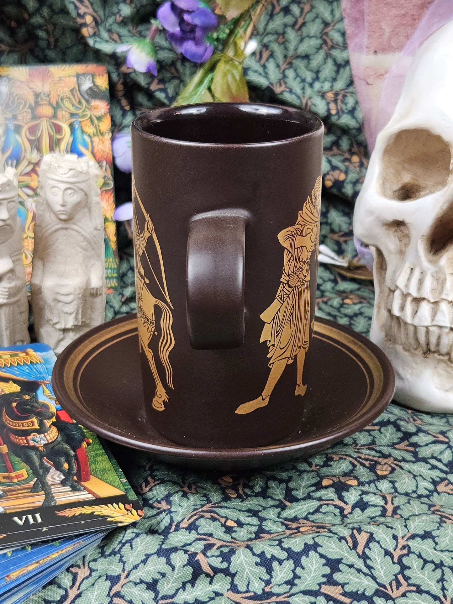 Vintage Purbeck Pottery Tea pair - medieval pattern mug and saucer, N316-2