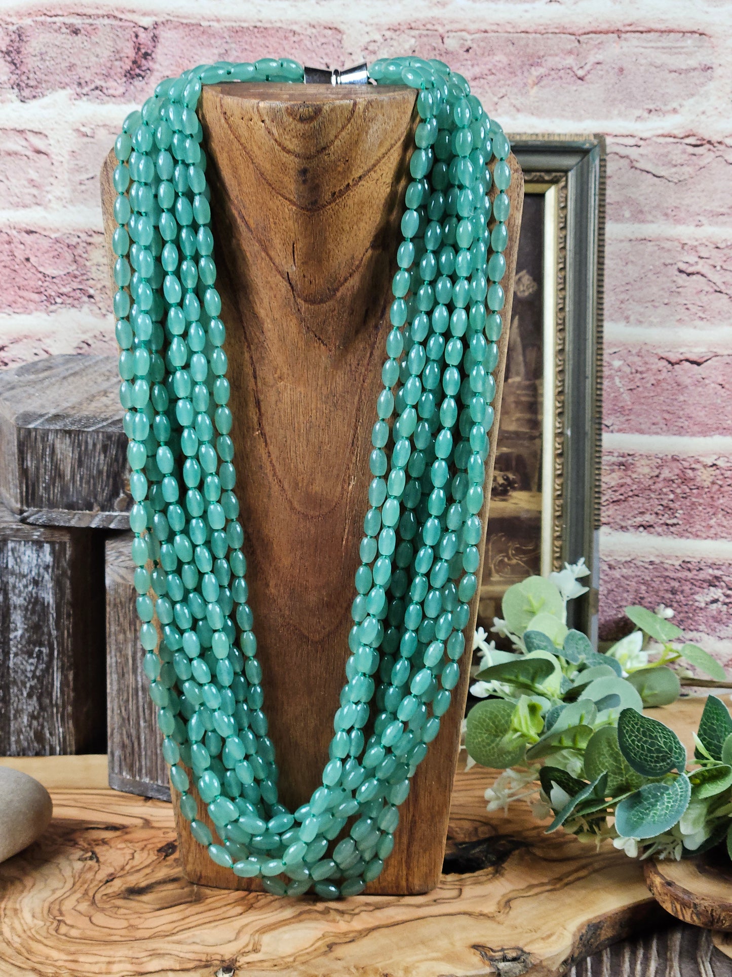 Large vintage heavy (352g) necklace beads made of natural green chalcedony, 70cm