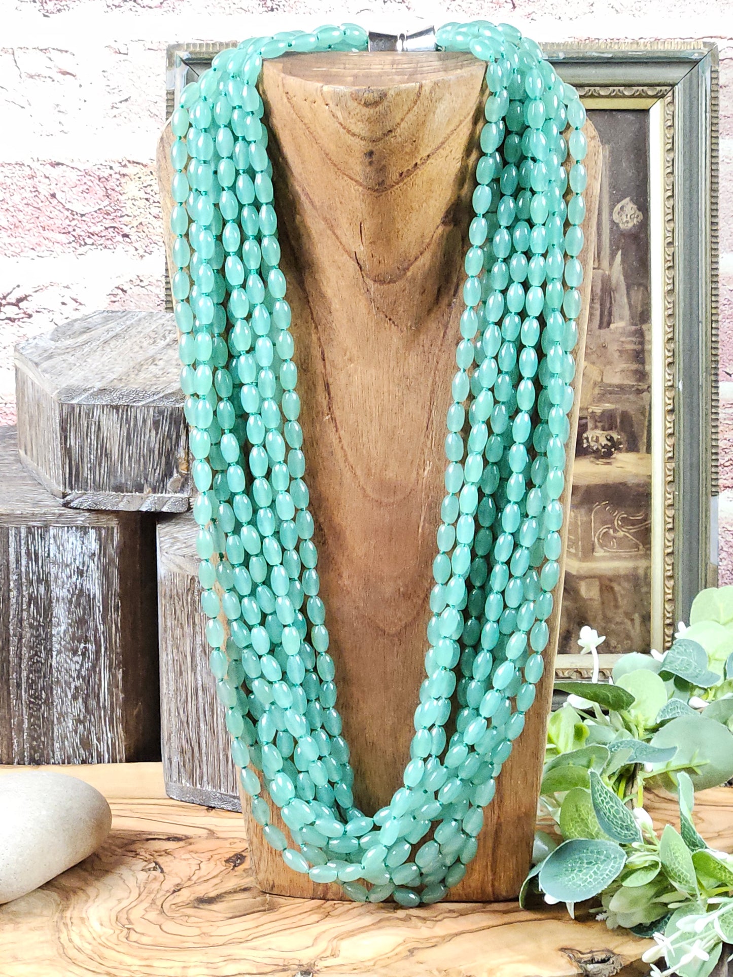 Large vintage heavy (352g) necklace beads made of natural green chalcedony, 70cm