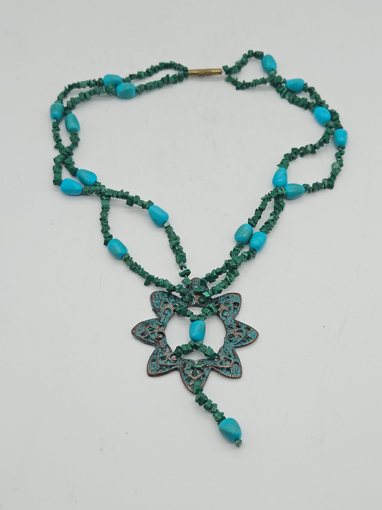 Vintage Ethnic Style Necklace with Faux Blue Turquoise and malachite.