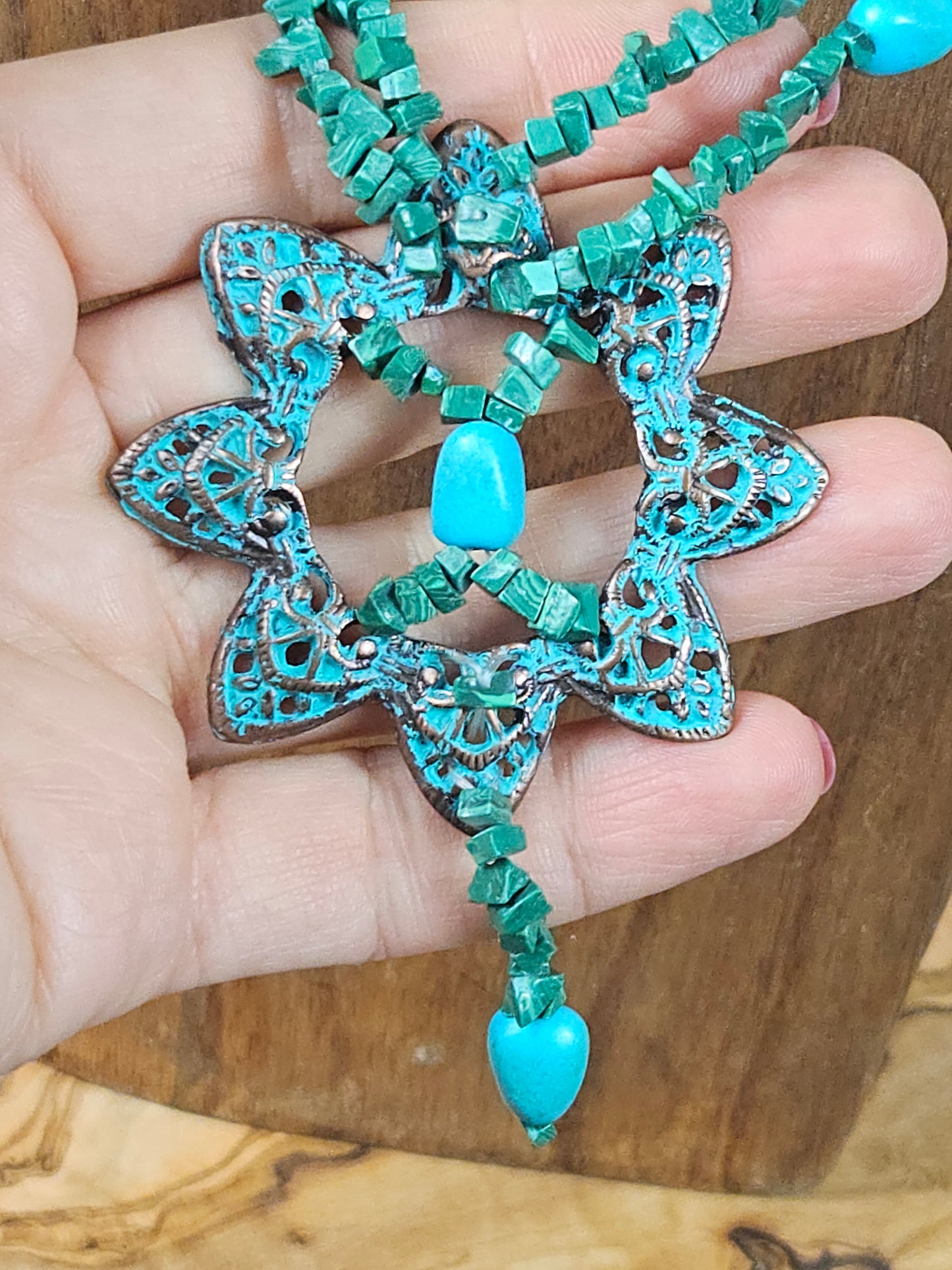 Vintage Ethnic Style Necklace with Faux Blue Turquoise and malachite.