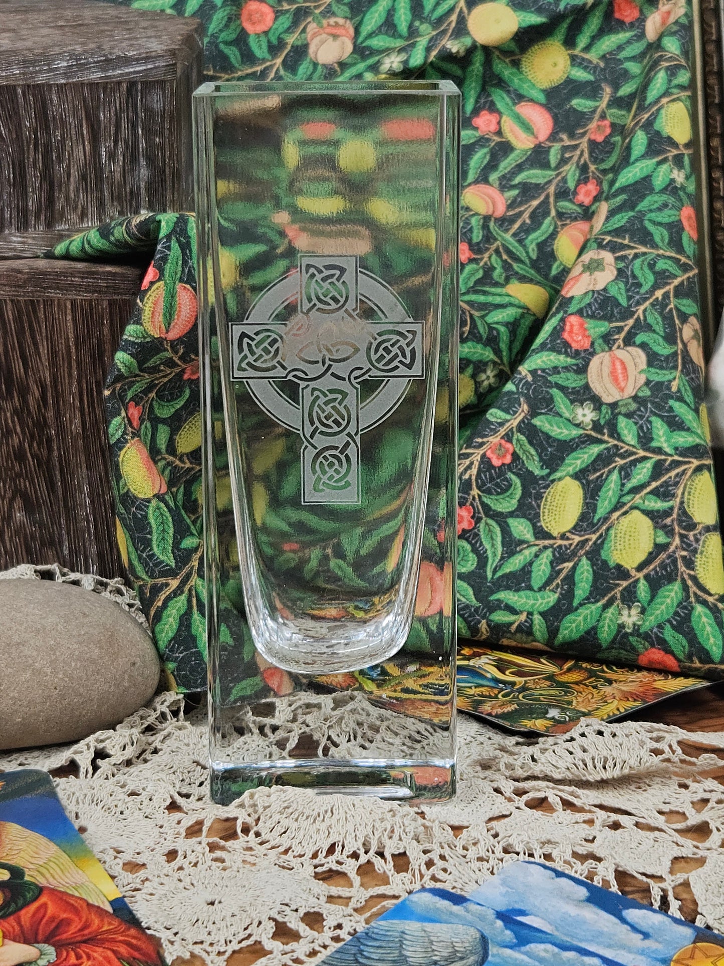 Vintage small glass vase with Celtic Cross