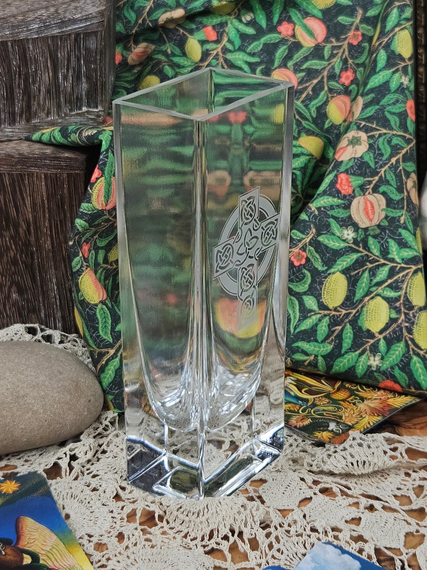 Vintage small glass vase with Celtic Cross