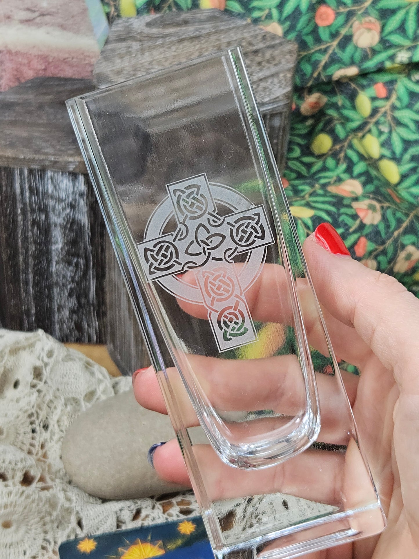 Vintage small glass vase with Celtic Cross