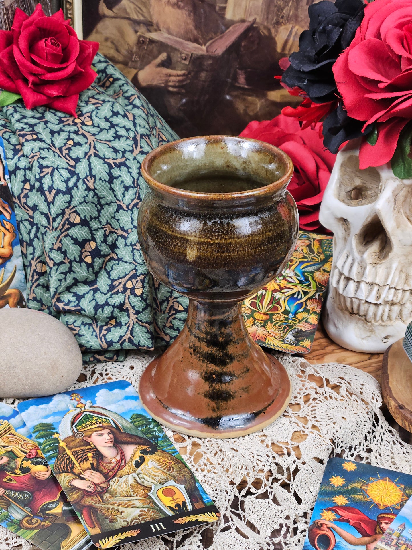 Vintage Studio Pottery Beautifully glazed Moss green/brown goblet VGC