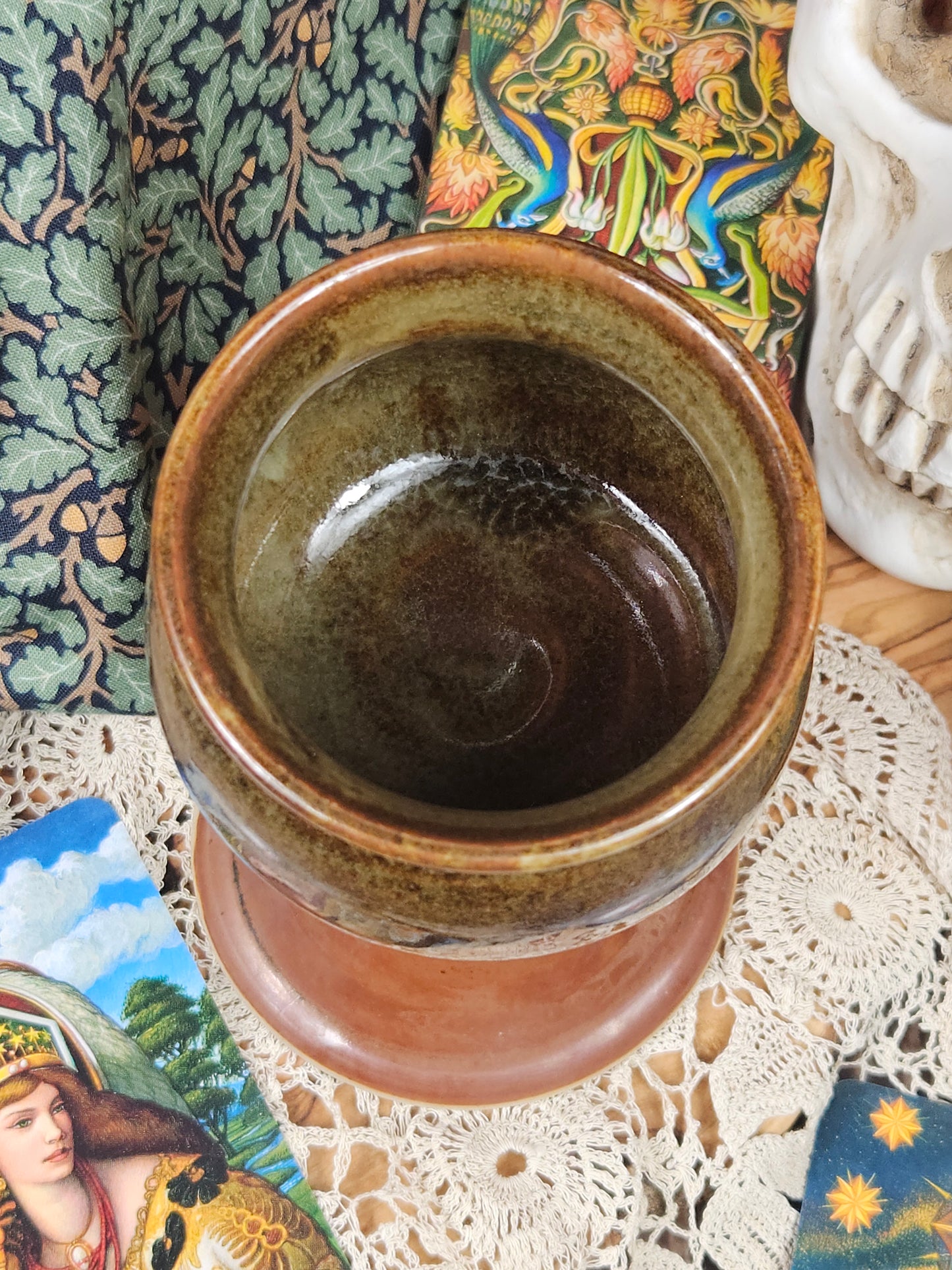 Vintage Studio Pottery Beautifully glazed Moss green/brown goblet VGC