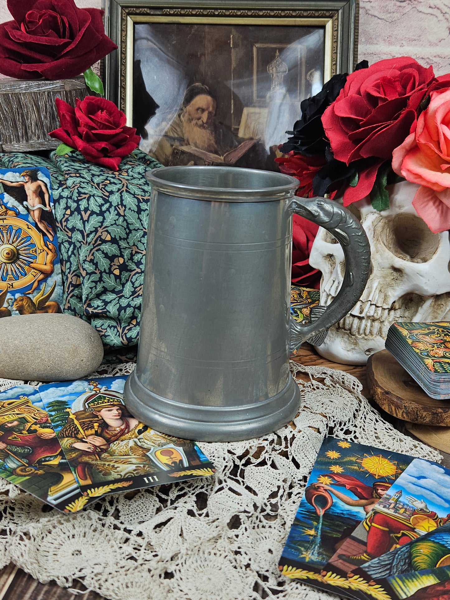 Vintage pewter tankard with fish pike handle, VGC, F4 Sheffield