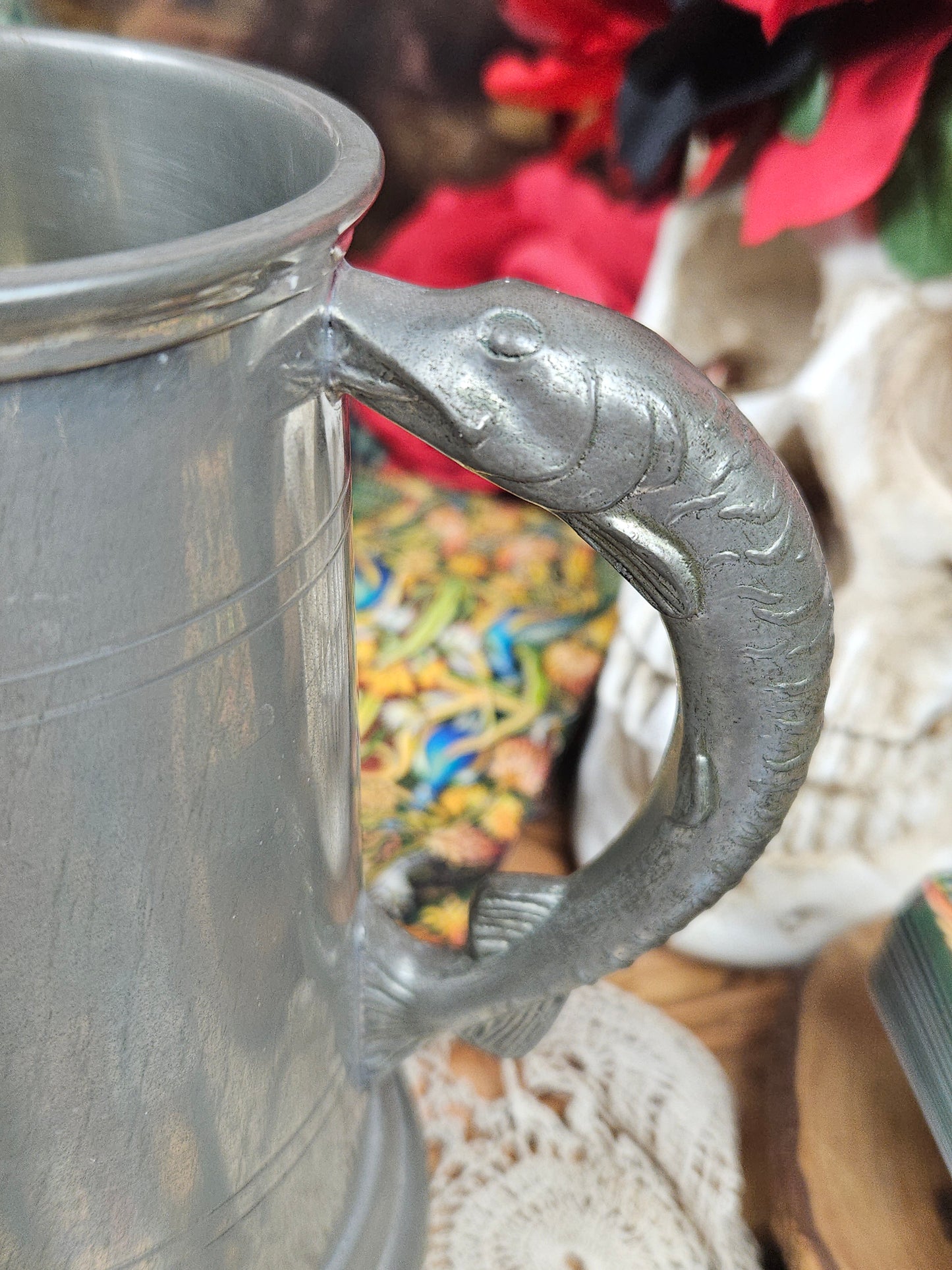 Vintage pewter tankard with fish pike handle, VGC, F4 Sheffield