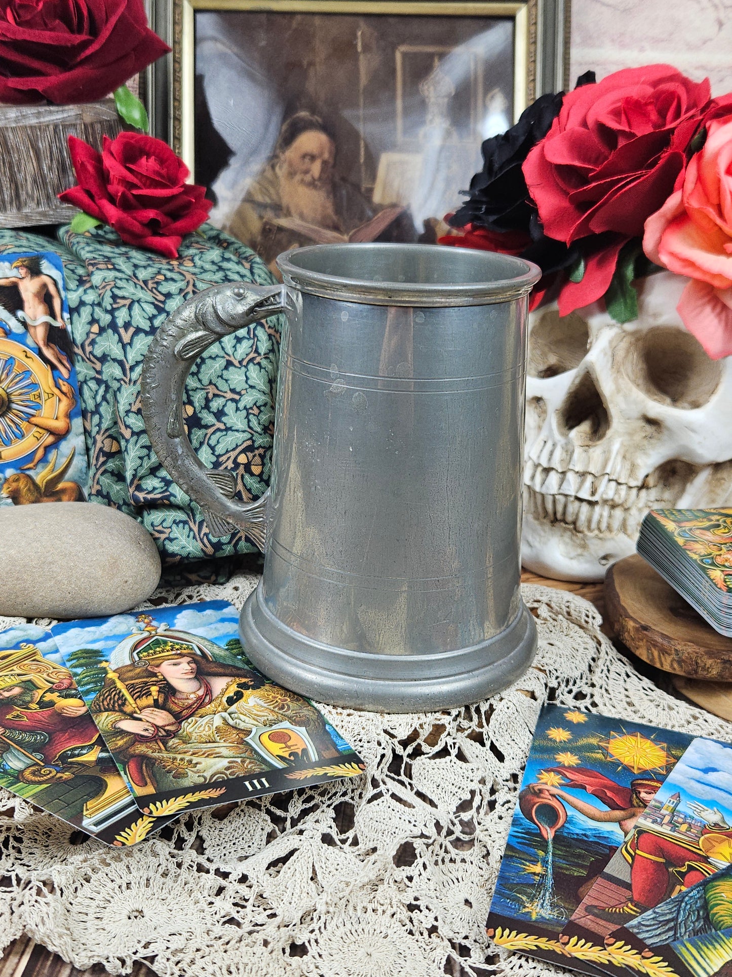 Vintage pewter tankard with fish pike handle, VGC, F4 Sheffield