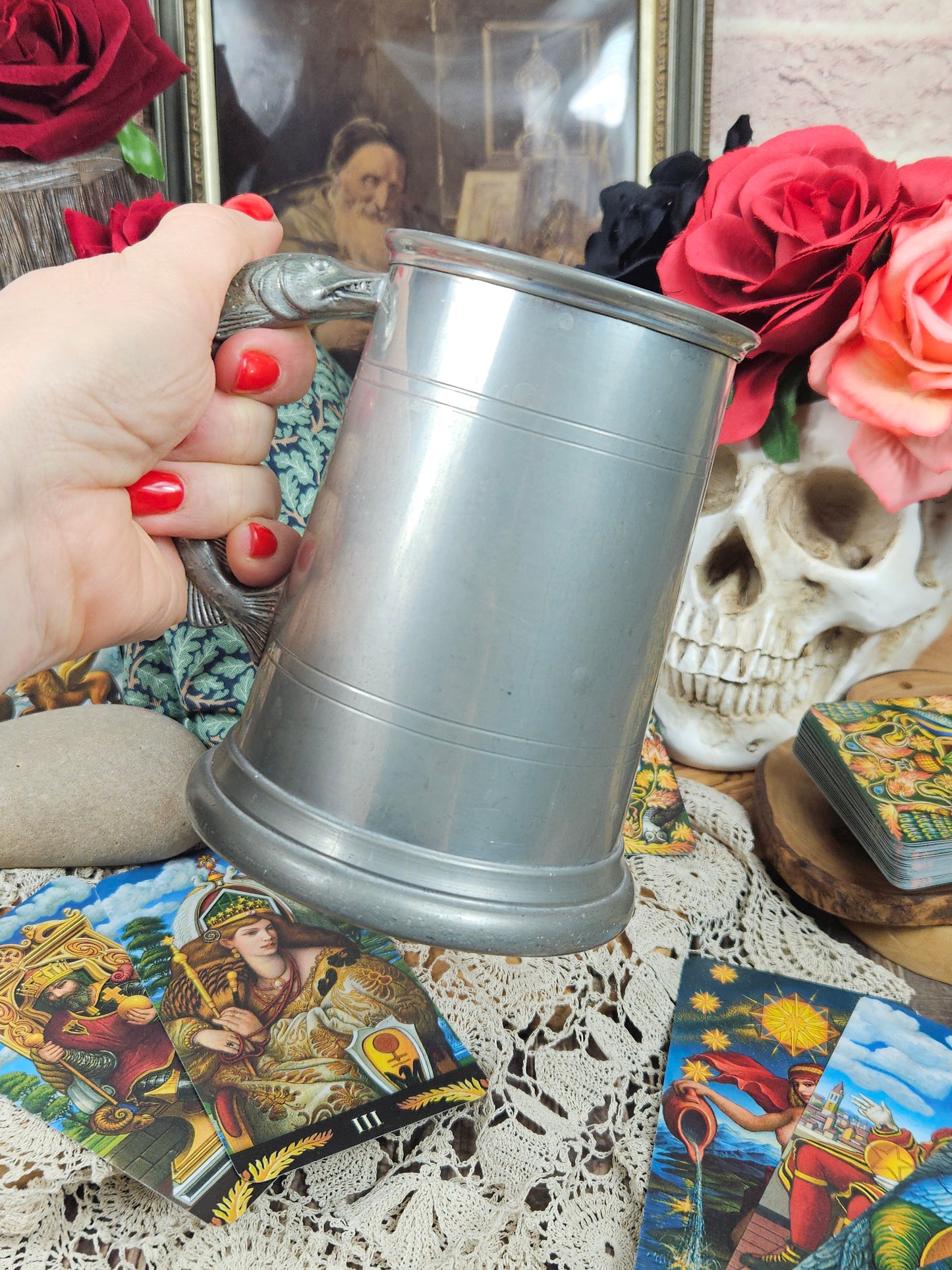 Vintage pewter tankard with fish pike handle, VGC, F4 Sheffield