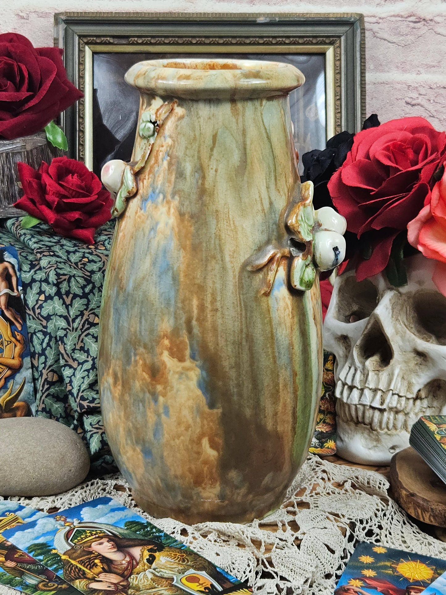 Vintage rare Studio Pottery beautifully multicoloured glazed vase with peaches