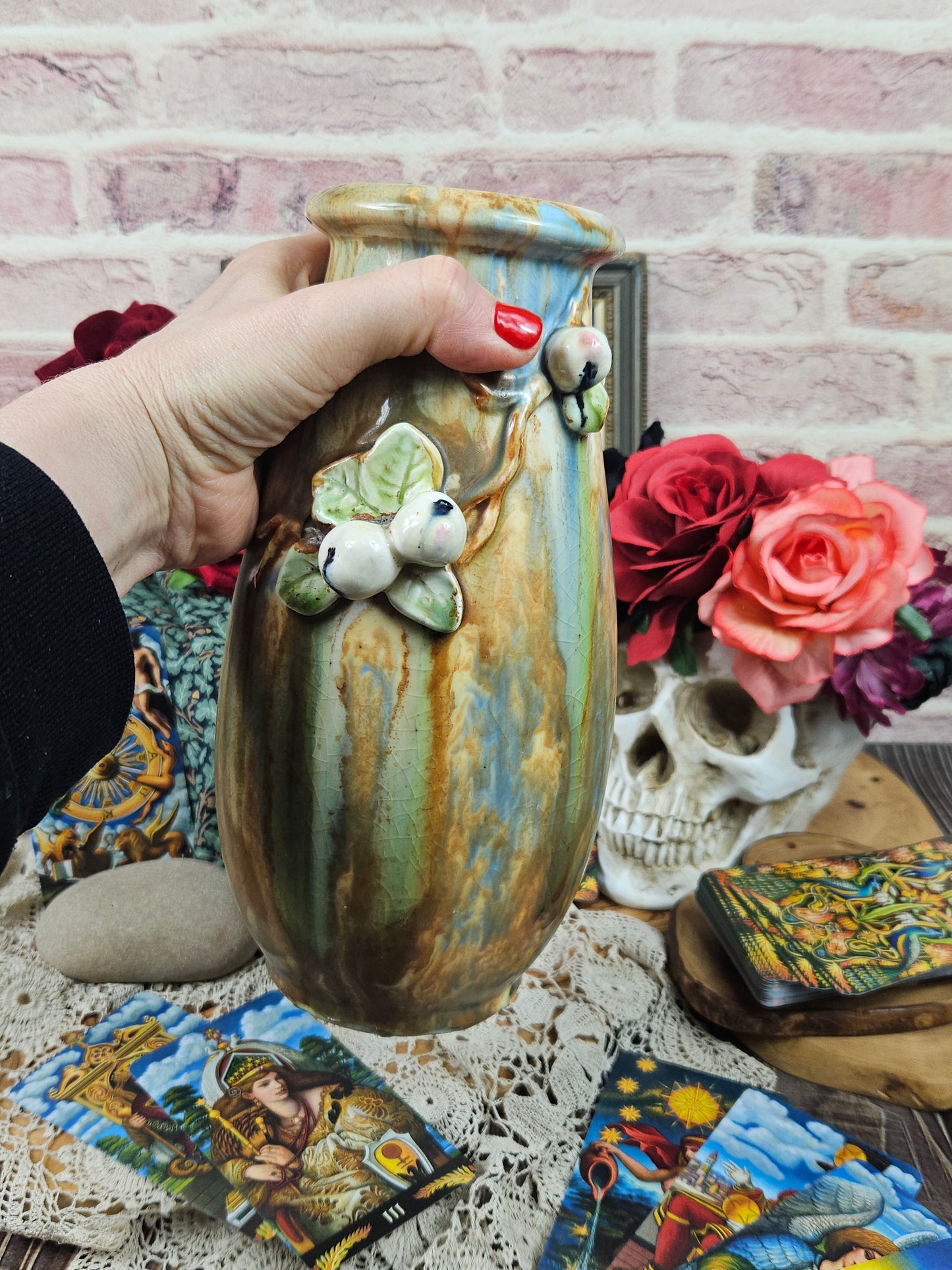 Vintage rare Studio Pottery beautifully multicoloured glazed vase with peaches