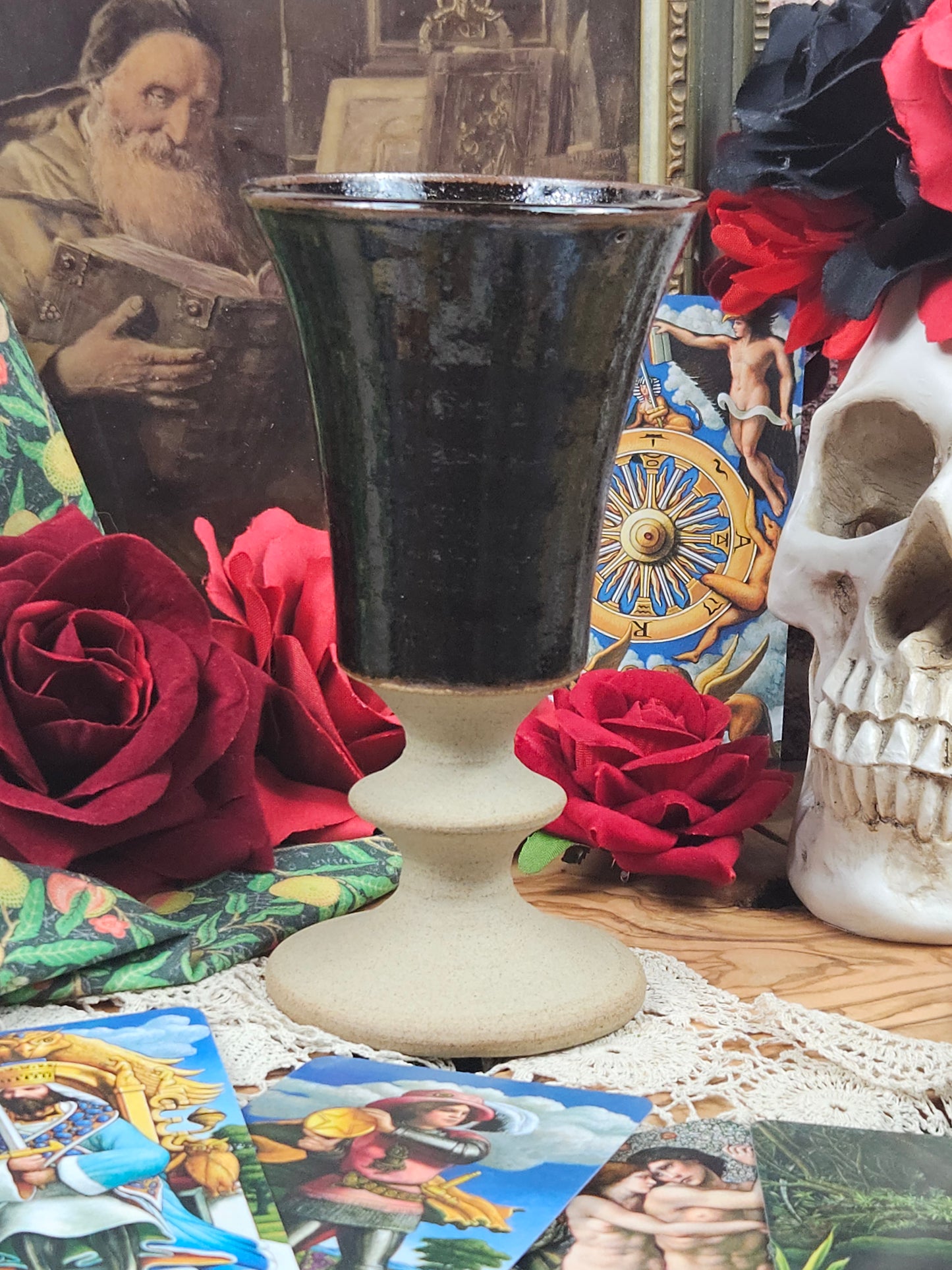 Vintage Studio Pottery Beautifully glazed Dark Brown goblet with Cross VGC