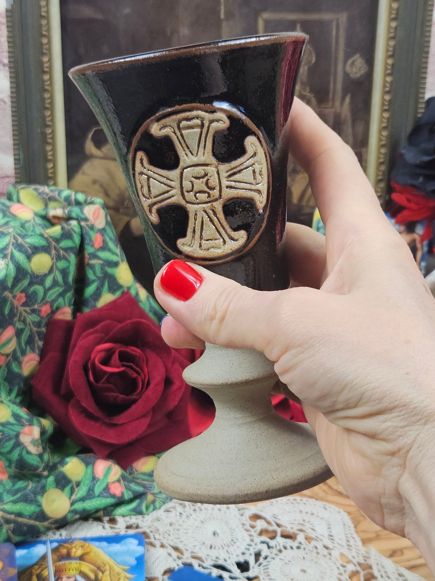 Vintage Studio Pottery Beautifully glazed Dark Brown goblet with Cross VGC